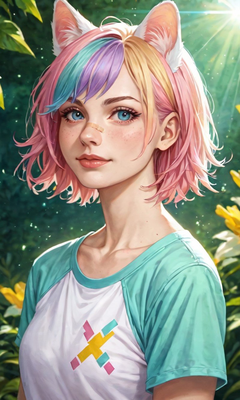 A high-resolution photo, score_9, score_8_up, score_7_up, source_anime, highly detailed,  1girl, colored hair,  1girl, pastel,animal ears, bandaid, hair ornament, high quality, high details, masterpiece, realistic, octane render, cinematic lightning, cinematic colors, dynamic angle,sun rays