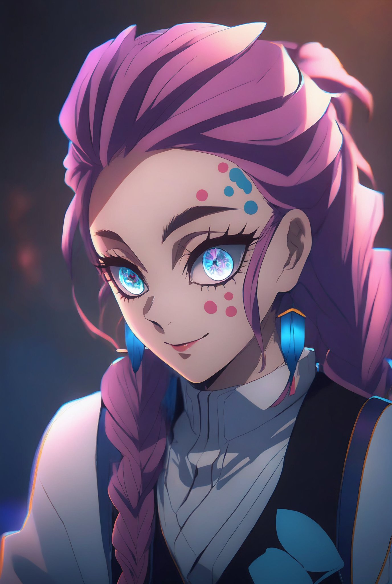 a light on a blue,faced k-pop girl,(masterpiece:1.2),hi-res,4k,extremely delicate and beautiful art,pastel color,jinx_/(league of legends/),pink eyes,blue hair,portrait,