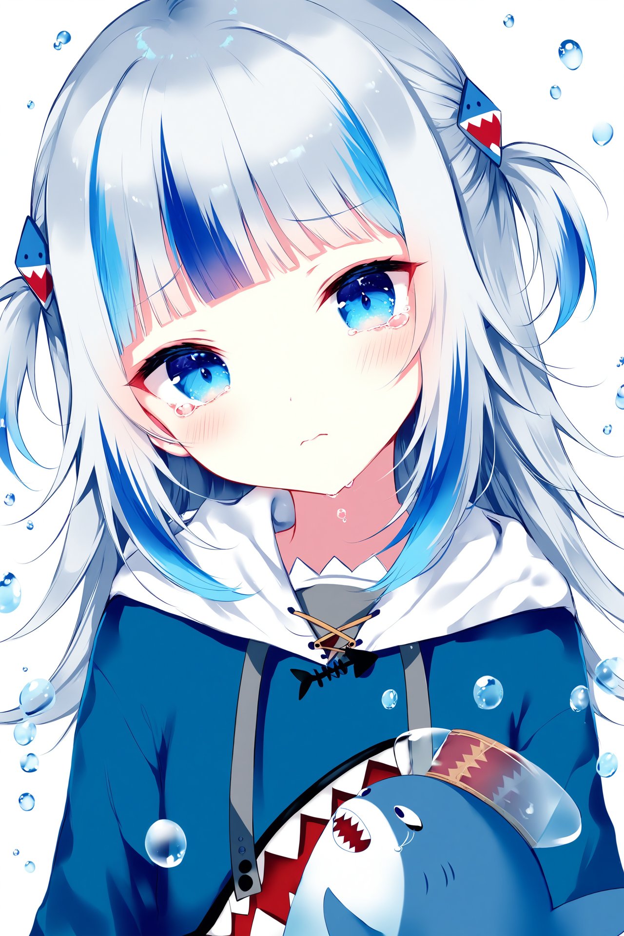 (masterpiece),(best quality),illustration,ultra detailed,hdr,Depth of field,(colorful),loli,[Artist wlop],[[Artist sheya]],Artist hiten_(hitenkei),1girl,gawr gura,virtual youtuber,bloop \(gawr gura\),blue eyes,gawr gura \(1st costume\),multicolored hair,grey hair,hood,streaked hair,hair ornament,blue hair,hoodie,white background,two side up,blue hoodie,shark hair ornament,looking at viewer,bubble,holding,long sleeves,upper body,head tilt,long hair,closed mouth,simple background,hood down,tears,blunt bangs,wide sleeves,blush,water drop,solo,air bubble,