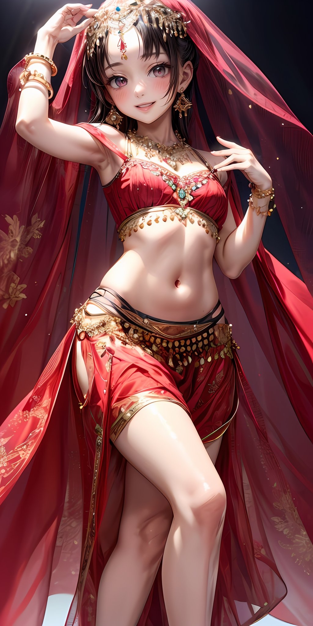 (masterpiece,ultra-detailed,best quality,8K,CG,illustration,shaved:1.0),(petite girl:1.0) <lora:more_details:1>, smile,simple background, <lora:belly dance clothes v1.0:0.5> jyojifuku, veil, midriff, necklace, earrings, see-through,dance