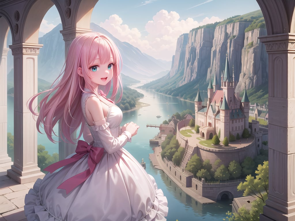 insanely detailed, absurdres, ultra-highres, ultra-detailed, best quality,1girl, solo, nice hands, perfect hands,BREAK,(wearing princess dress), teara,happy smile, laugh, open mouth,standing,from side, cowboy shot, looking at viewer,BREAK,slender, kawaii, perfect symmetrical face, ultra cute girl, ultra cute face, ultra detailed eyes, ultra detailed hair, ultra cute, ultra beautiful,BREAK,fantasy world, (castle in background, lake:1.3), (very wide, panorama view, sense of depth, magnificent view:1.3)BREAK,princess girl, pink hair, green eyes, medium breasts