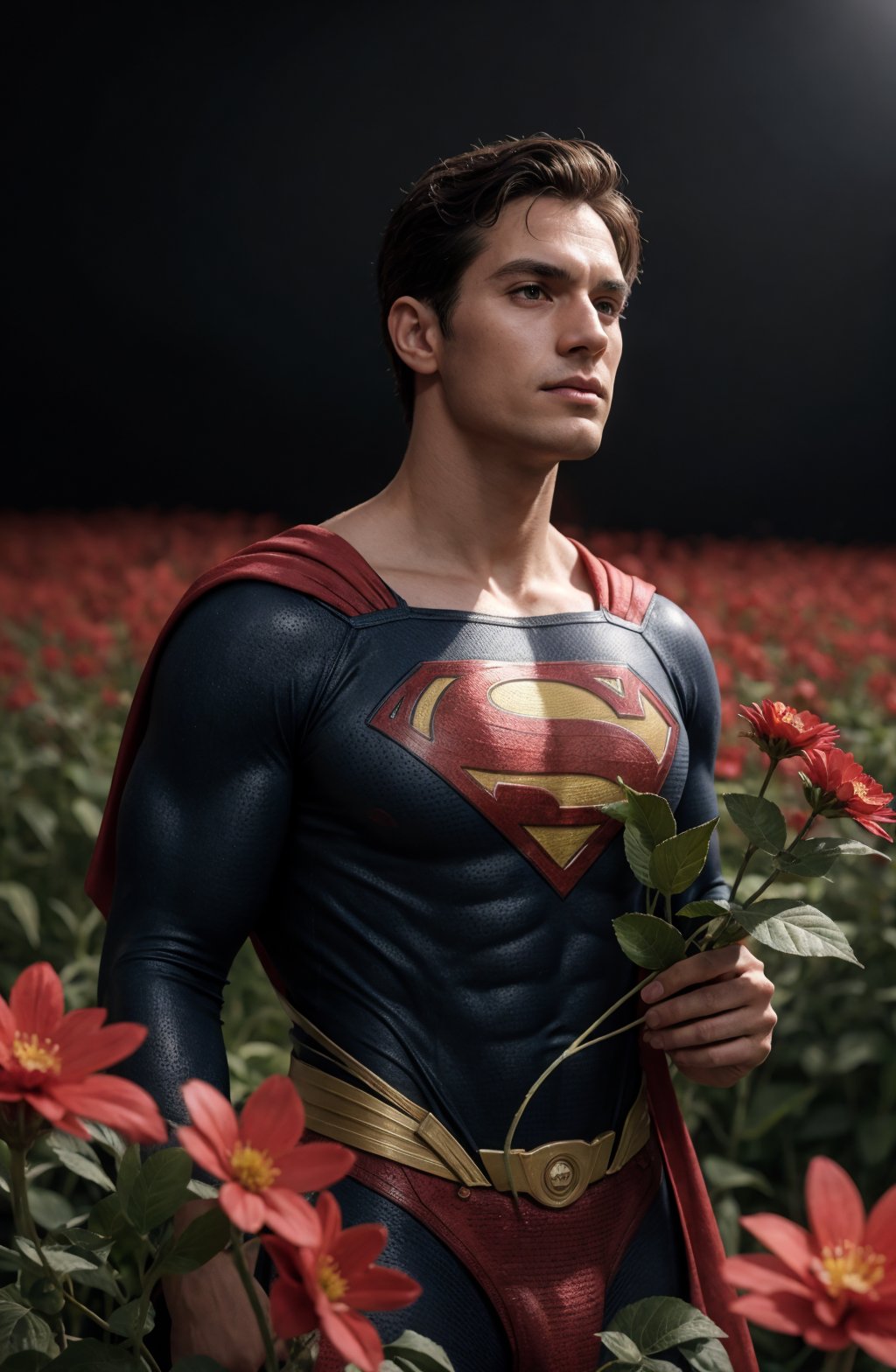 Superman in a field of red flowers, surreal dark art, trending on artstation, interconnected human lifeforms, seafloor, black oled background, bloom, contaminated, RAW photo, detailed photo, gorgeous, shallow depth of field, bokeh, volumetric lighting, (surreal:0.4), hyper detailed photorealistic life-like accurate proportional 8k sharp focus, (accurate cinematic lighting), photorealistic detail, (selective focus:0.6)