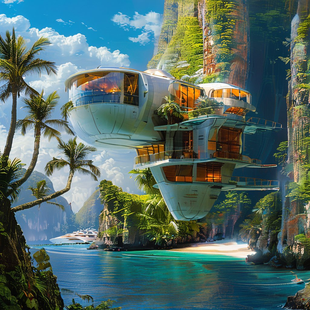 The image showcases a futuristic architectural marvel, a modern house suspended between two cliffs. The house is circular in shape, with multiple levels, large windows, and a combination of glass and metal materials. The house is surrounded by lush greenery, including palm trees and other vegetation. Below the house, there's a serene body of water with a few boats. The backdrop features towering cliffs, some of which have waterfalls cascading down. The sky is clear with a few scattered clouds, suggesting a sunny day.<lora:Dream Home-000008:1>