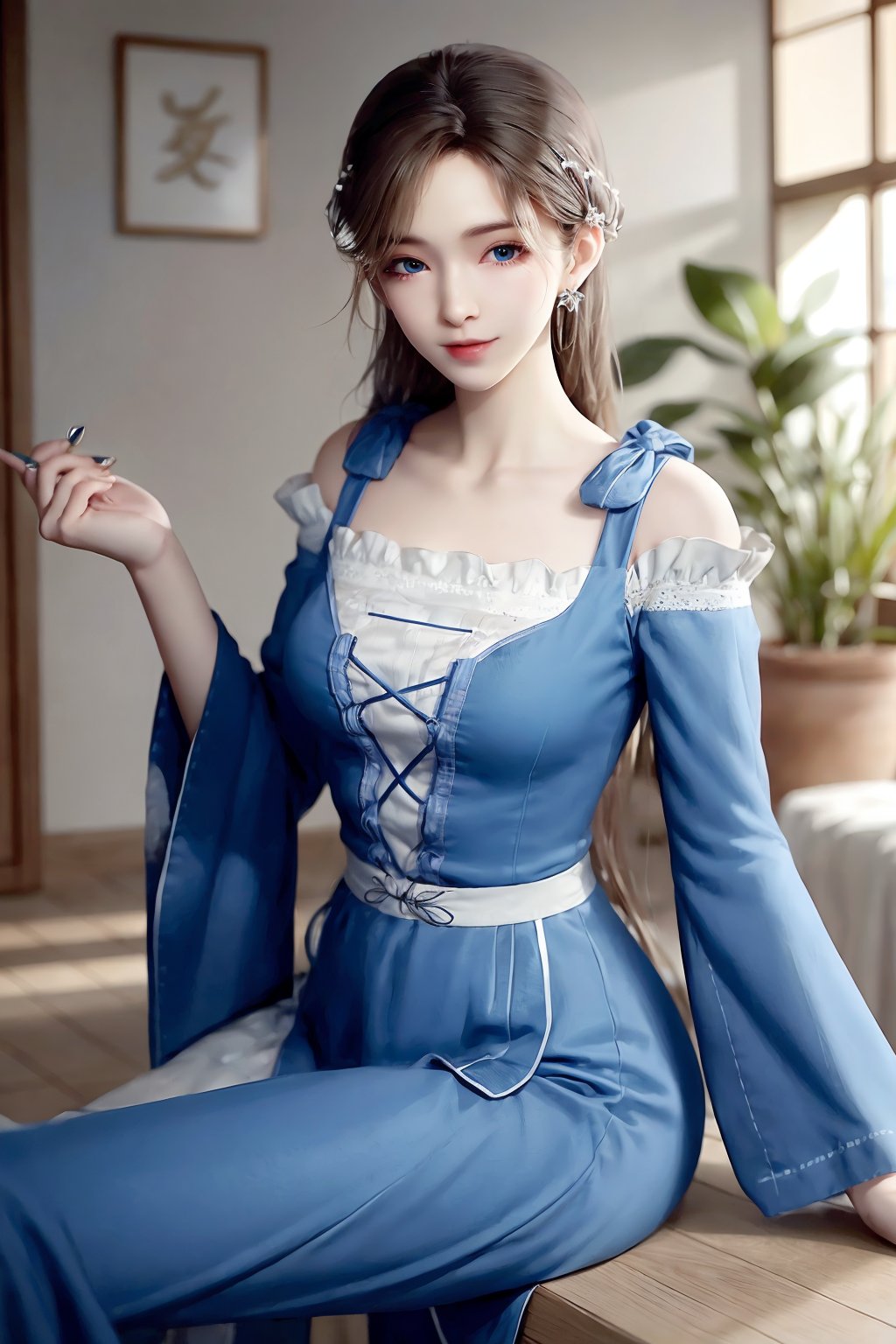 sitting, (lowleg), dress, chinese_clothes, long_sleeves, detached_sleeves, wide_sleeves,  hanfu, looking_at_viewer (8k, RAW photo, best_quality),(highly_detailed),(masterpiece:1.2),(ultra-detailed),(extremely_detailed_cg_8k_wallpaper),(realistic:1.2),(photorealistic:1.3),(scenery, east_asian_architecture, potted_plant, plant),1girl, solo, long_hair, brown_hair, hair_ornament, eyeshadow, eyelashes, jewelry, earrings, makeup, medium_breasts,white_legwear,fingernails,medium_shot,(texture_skin:1.3),(shiny_skin:1.4),<lora:syqiangk_加强_重置_霍云R_C9_2.1:0.8>,