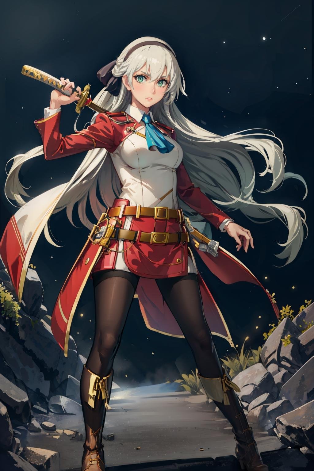 masterpiece, best quality,  <lora:elie-nvwls-v2-zero:0.8> elie macdowell, green eyes, hairband, blue ascot, hair ribbon, long sleeves, belt, pantyhose, white boots <lora:UBWKatanaOneHand:0.8> KatanaOneHand, basic grip, night sky