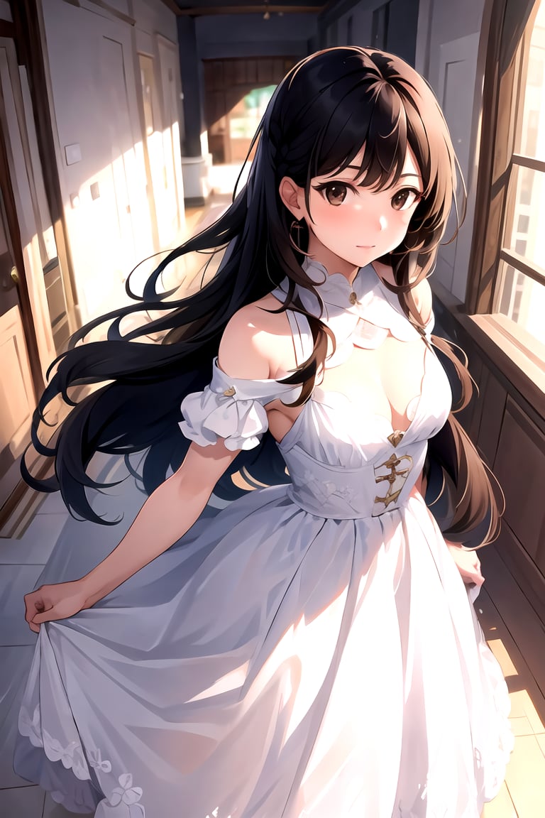 1girl, (portrait),  (in love, in love expression:0.7),  looking at viewer, (brown eyes:1.2), (long hair), deep v dress, room, (balanced photo, balanced exposure:1.2), 