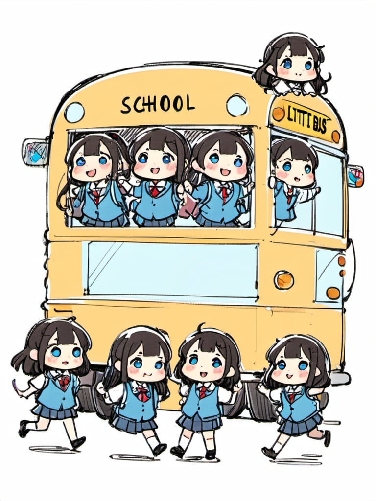 <lora:luXL毛躁手绘Fuzzylines_lora_resized:0.8>, fuzzylines, sketch, a group of little pupils, cute, chibi, getting up to school bus, going to school, school uniforms,