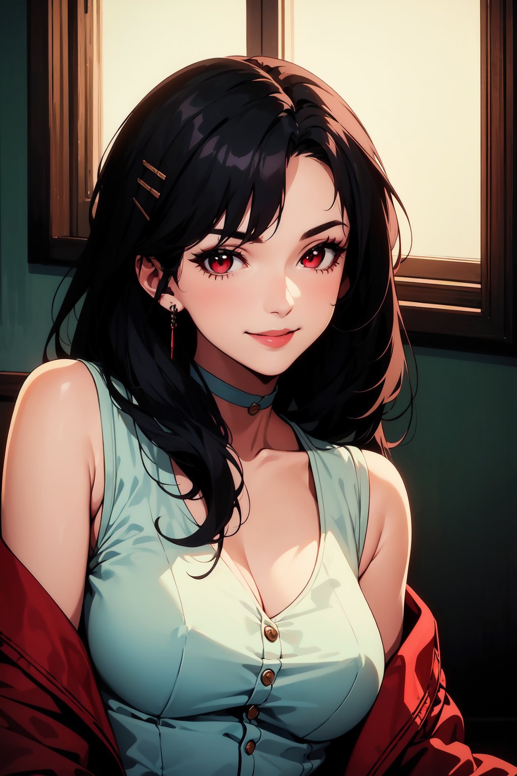 1girl, black hair, curly hair, long hair, bznoir, perfect figure, matured woman, (high quality, masterpiece:1.2), hair clip, red eyes, (gentle smile:1.2)<lora:EMS-323506-EMS:1.000000>