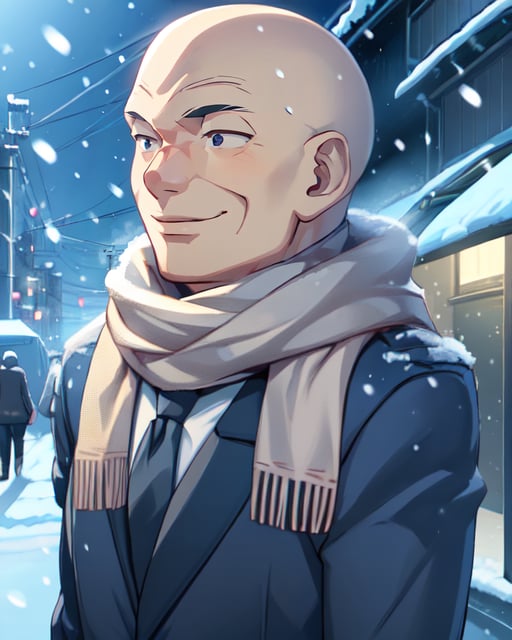 best quality, masterpiece, highres, detailed, digital artwork, <lora:Tools - add_detail:0.2>, SnowWonder,  <lora:Scene - SnowWonder:0.8>, excited, snowing, night, city,  upper body, BREAK 1boy,  c-Tadokoro, bald:3, evil smile, formal, jacket, necktie,   <lora:Character - Tadokoro:0.8>, scarf, 