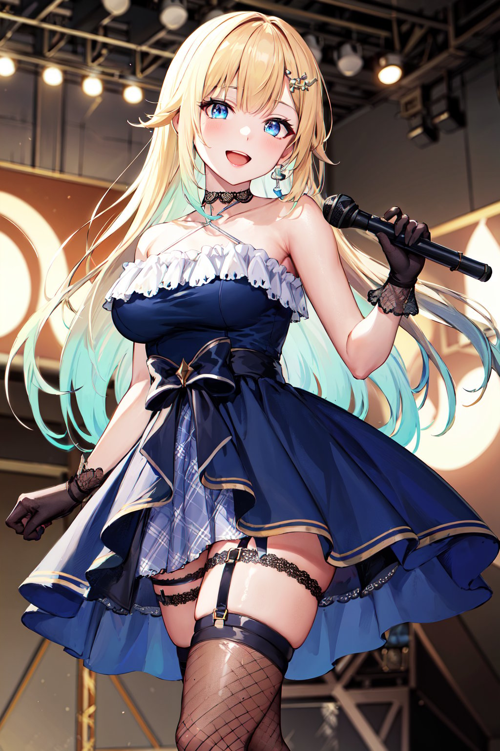 masterpiece, best quality, highres, aaema, long hair, gradient hair, hair ornament, lace choker, black choker, bare shoulders, criss-cross halter, blue dress, frils, black bow, black gloves, thigh strap, fishnet, single thighhigh, <lora:aizawa_ema_v1:0.7>, standing, stage, holding microphone, standing, smile, open mouth