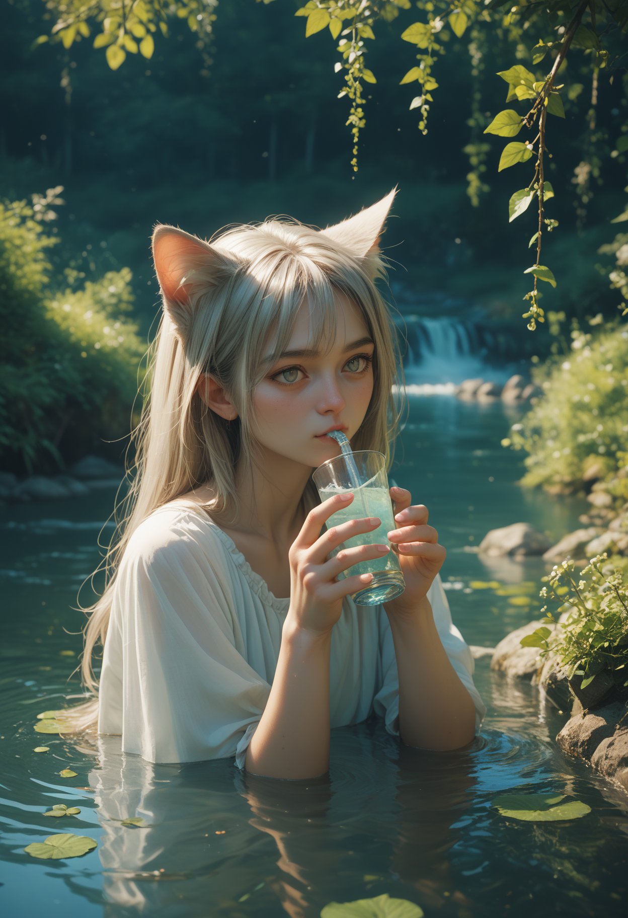 the cat girl is drinking water by the river,, score_9,score_8_up,score_7_up,masterpiece,best quality,8k,