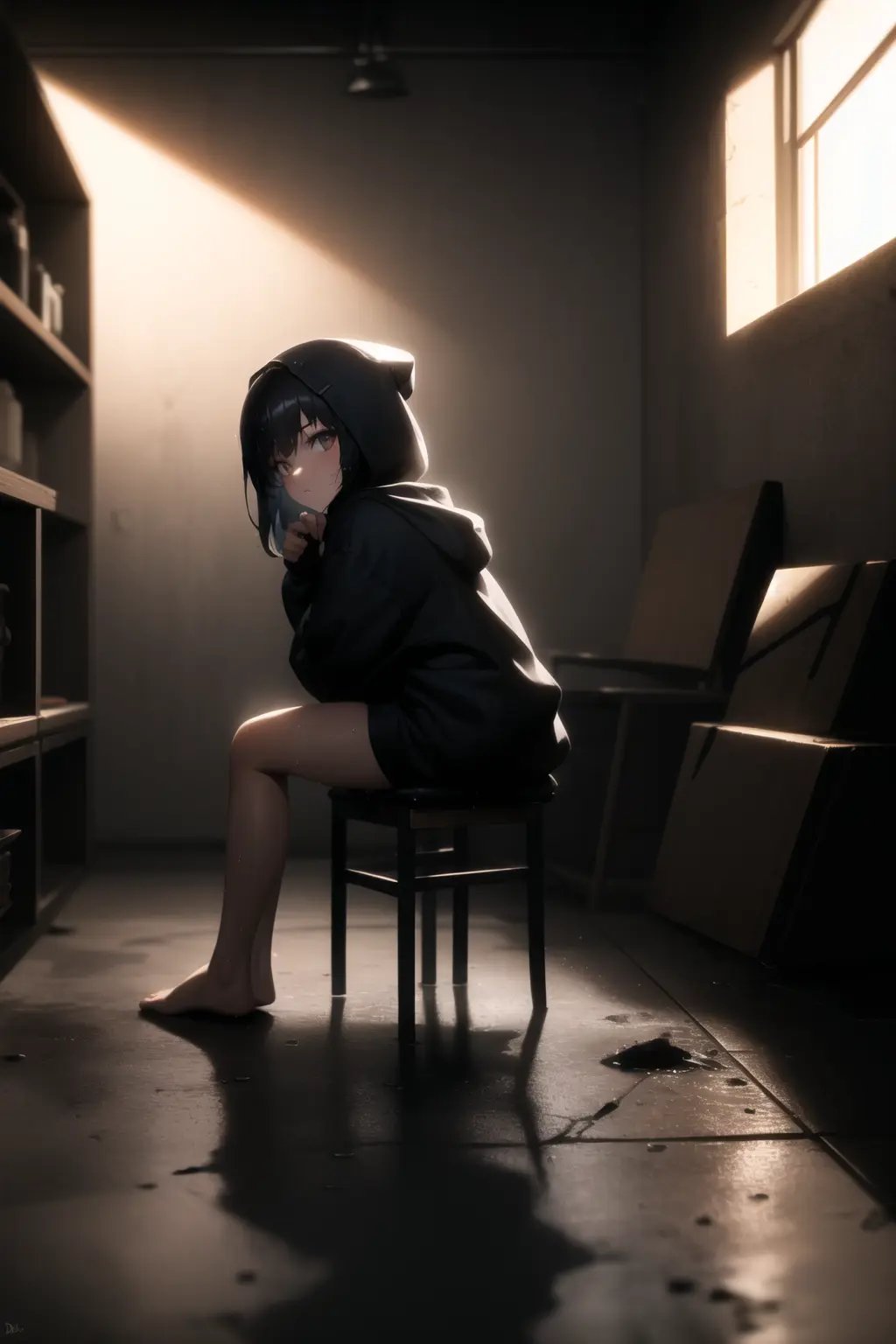 <lora:basement_v0.2:1> basement, 1girl, (dark:1.5), dimly lit, backlighting, wet floor, shadow, abandoned, sitting, chair, black hair, hoodie, facing viewer,, masterpiece, best quality, highly detailed