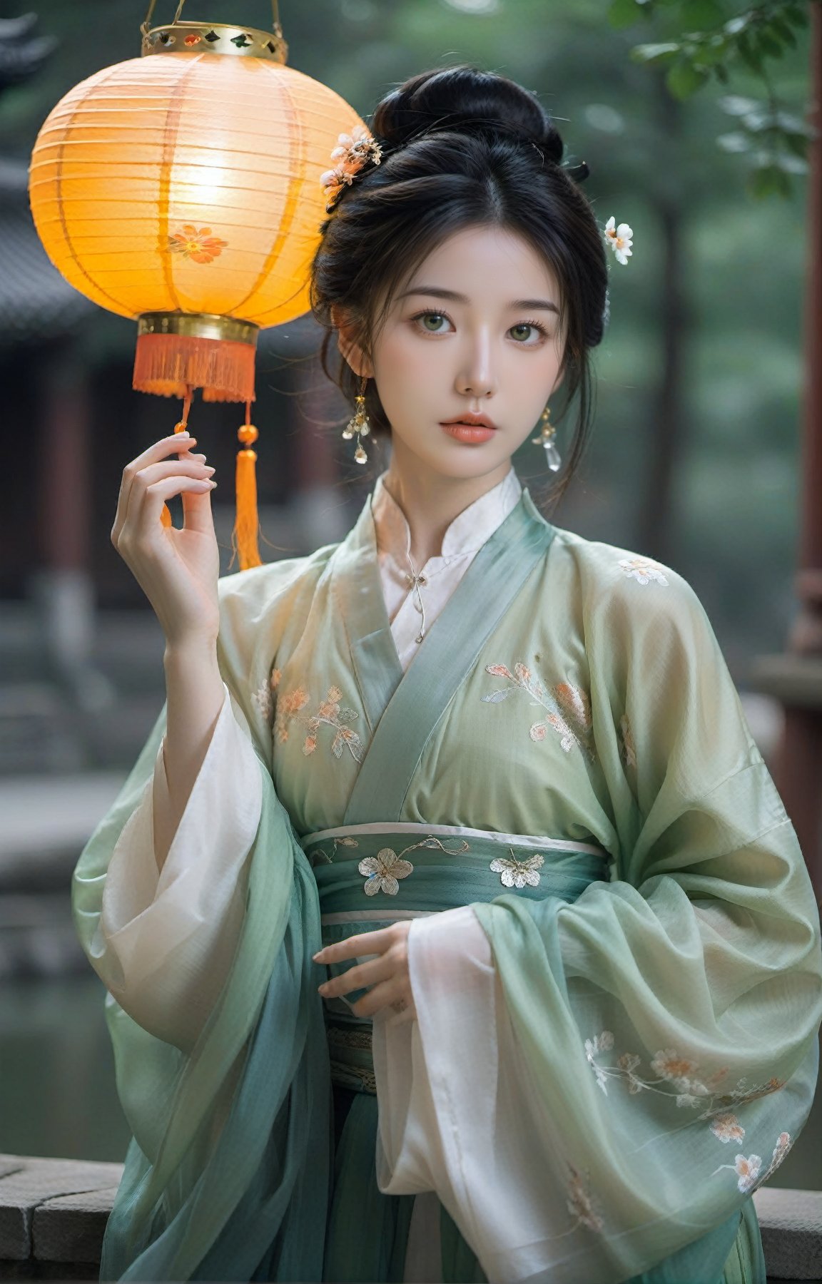 <lora:zxx-hanfu01-000024:0.5>,a female wearing a traditional Hanfu, She has a fair complexion, dark hair styled in a bun,  Holding a beautiful patterned Chinese lantern，and is adorned with a pair of dangling earrings, The attire is a soft green, and the overall mood of the image is serene and contemplative,