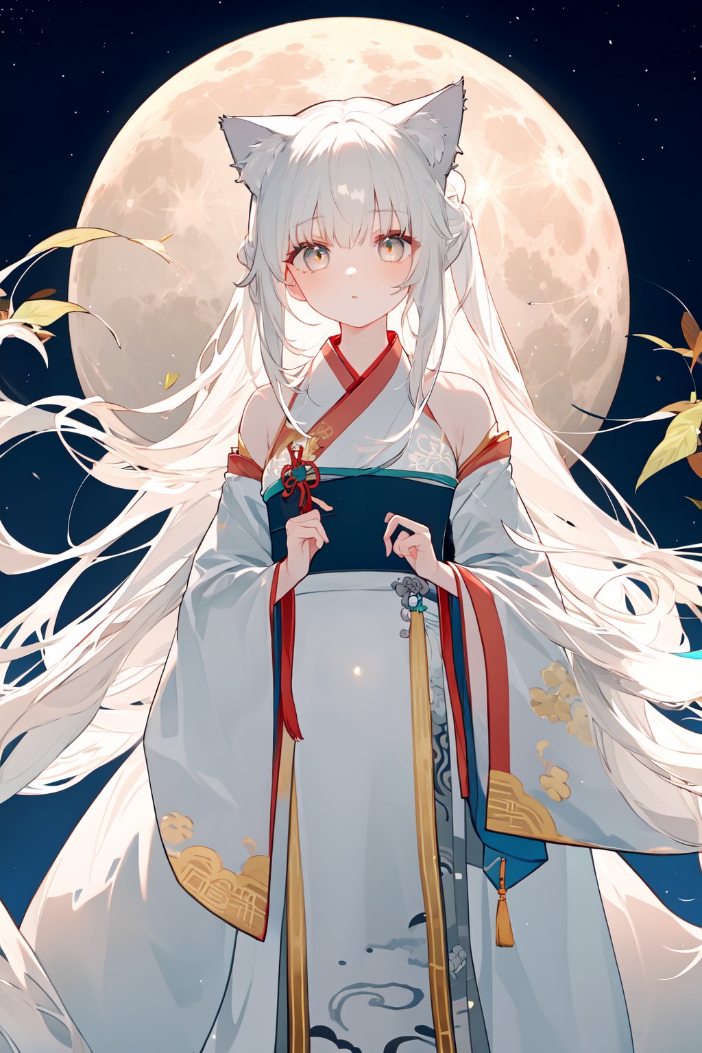 masterpiece,(best quality),1girl,white hair, moon, cat ears, hanfu,, masterpiece, best quality