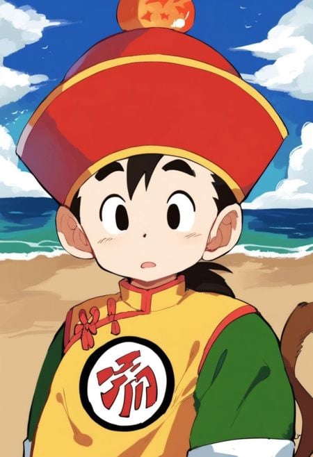 score_9, score_8_up, score_7_up, score_6_up,rating_safe, ((Solo:1.0)),(Redcap:1.3), A Son Gohan Kid in beach