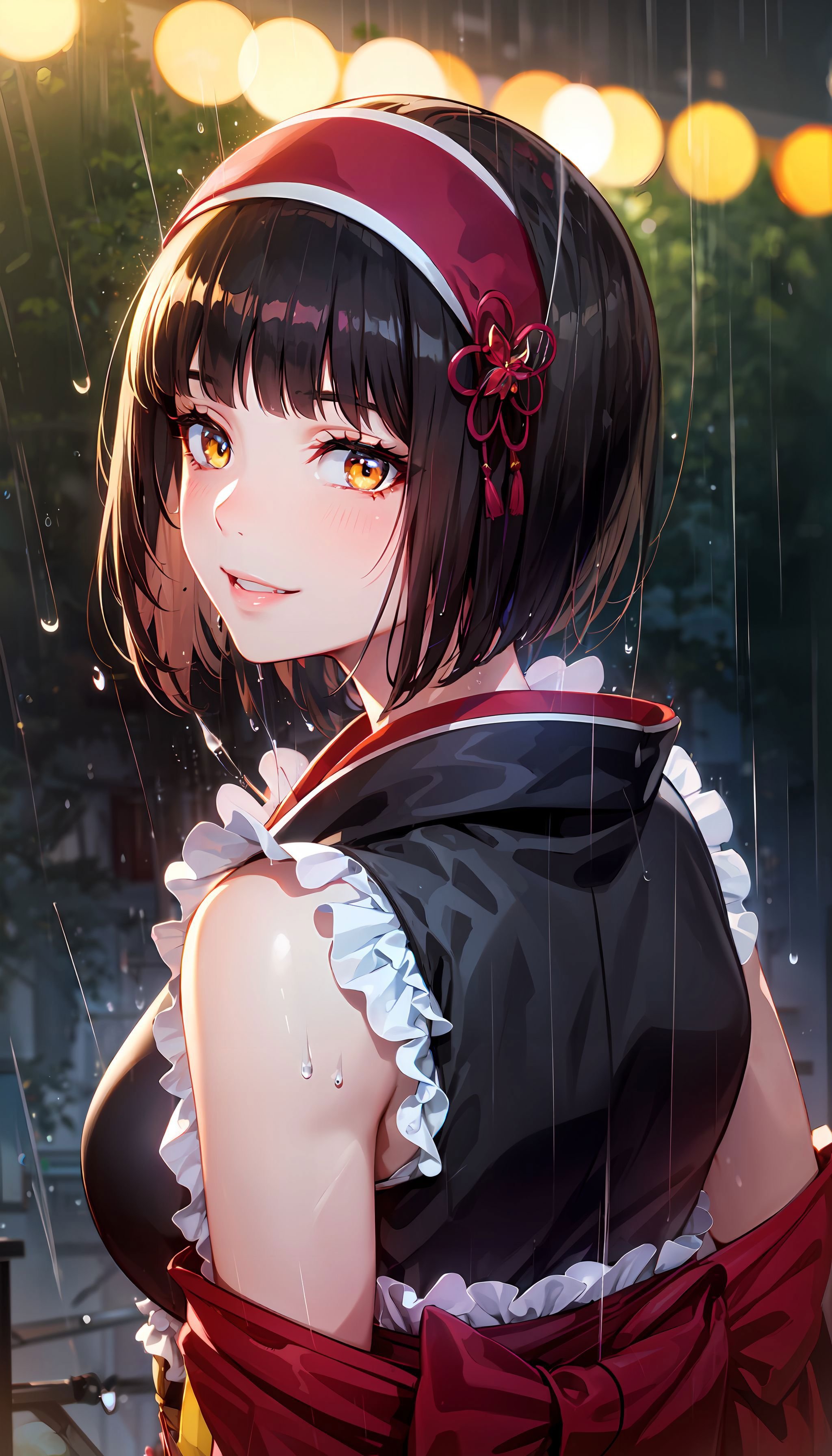 photorealistic, (4k), depth of field, (Masterpiece), (realistic skin texture), extremely detailed, intricate, hyper detailed, high resolution, professional photography, bokeh, sharp detail, best quality, woman, <lora:Mio-000004:0.7> , black hair, short hair, (black kimono), pink headdress, frills, yellow eyes, arching her back ,  <lora:GoodHands-beta2:0.8> <lora:BetterFeet:0.8> <lora:detail_slider_v4:0.8> , futuristic japanese architecture, neon lights, reflective floor, (raining:1.5), light smile, 