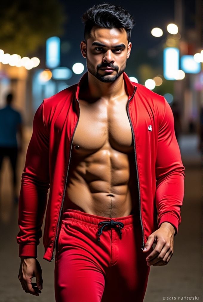 tovino thomas ,  realistic photo in a worn ((skin-revealing skimpy erotic red tracksuit,  massive pecs)) by HottiesnHottie...