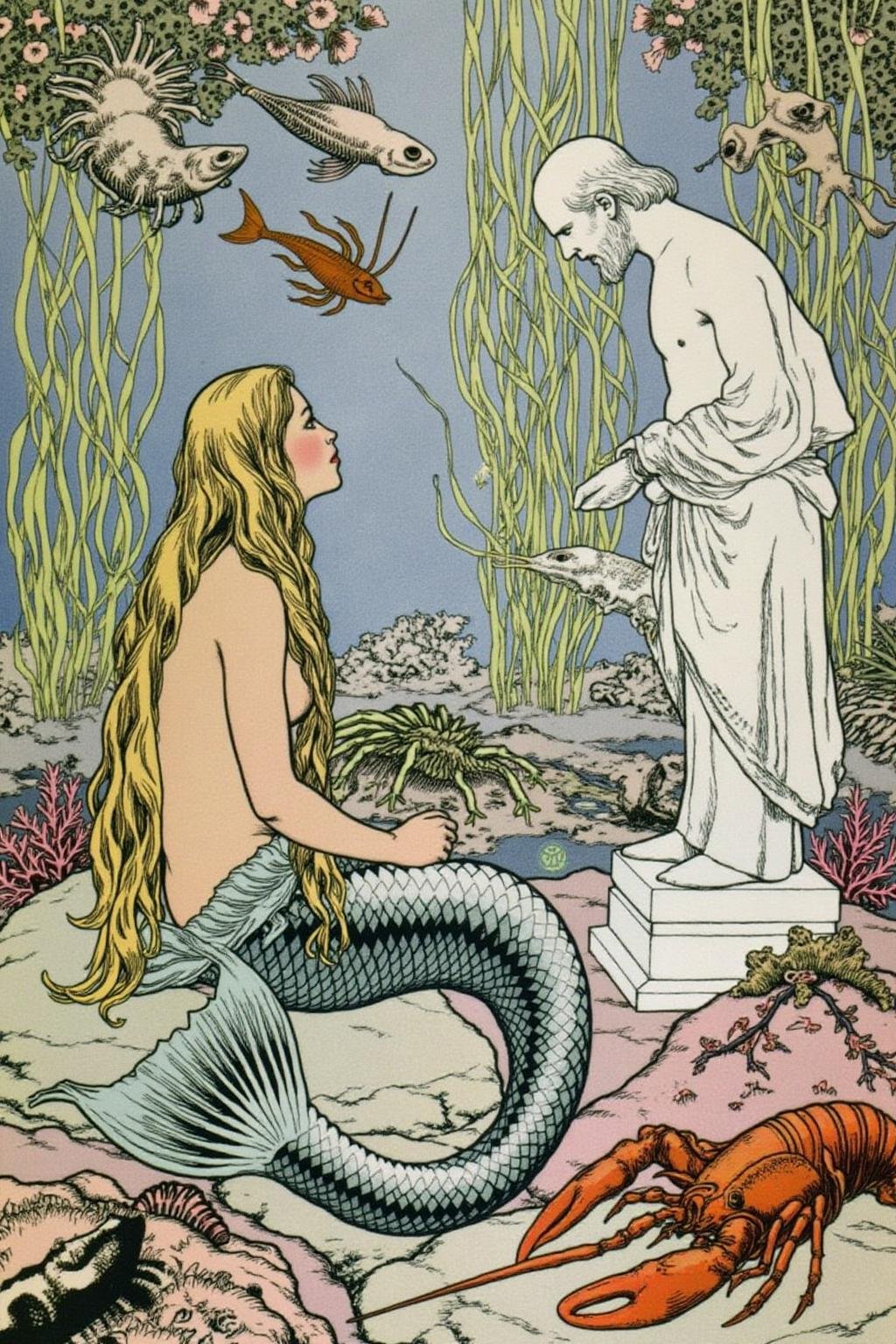ivanbilibin1 illustration.A mermaid with long,  flowing golden hair,  is show in side profile view. She sits on a rocky ou...