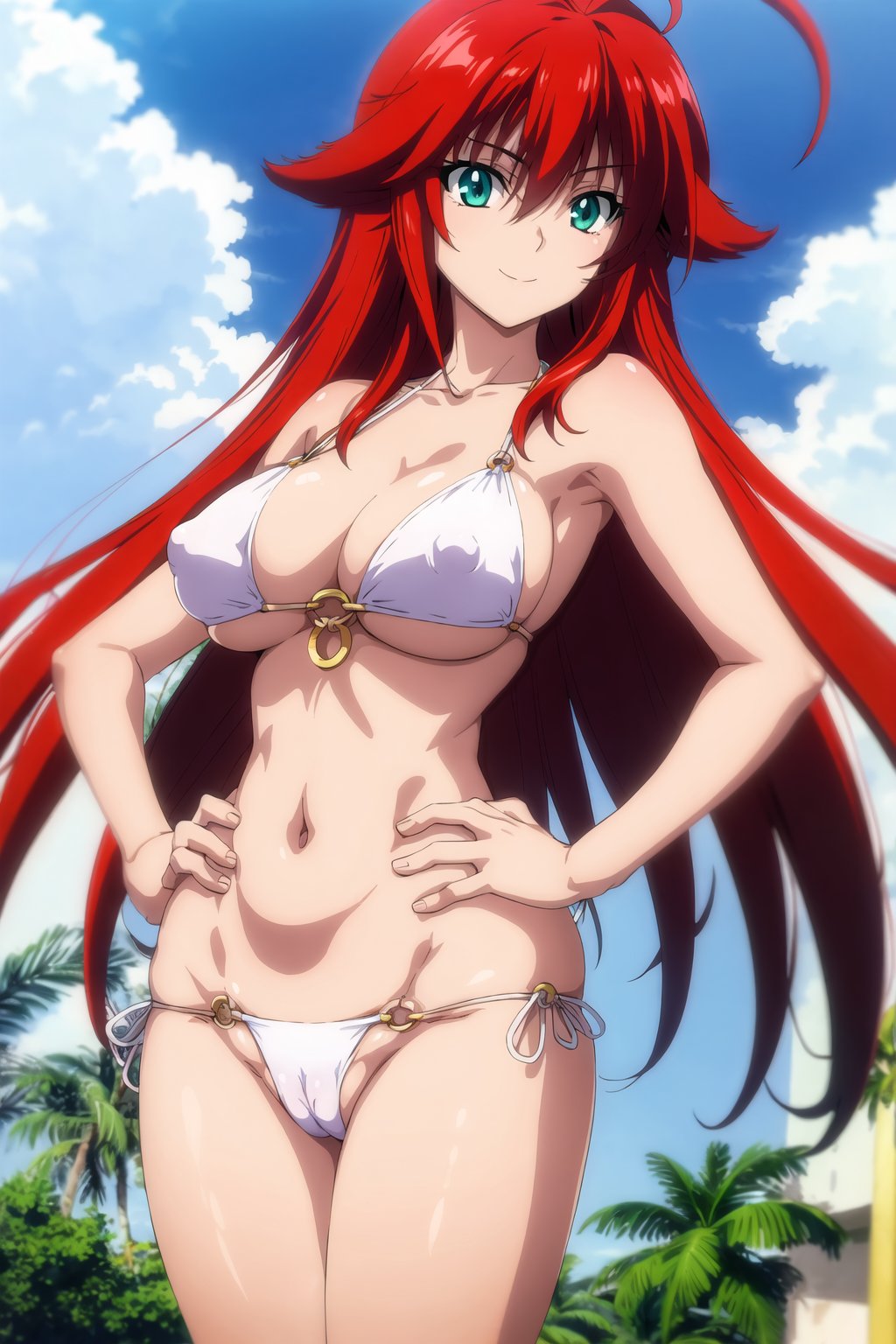 anime screencap, 1girl, solo, long hair, medium breasts, smile, bangs, blue eyes, navel, cleavage, hair between eyes, very long hair, closed mouth, green eyes, standing, collarbone, swimsuit, ahoge, sidelocks, bikini, thighs, red hair, cowboy shot, outdoors, sky, day, shiny, cloud, covered nipples, tree, groin, hand on hip, shiny skin, cameltoe, side-tie bikini bottom, white bikini, o-ring, o-ring top, o-ring bikini, huge ahoge, o-ring bottom, rias gremory