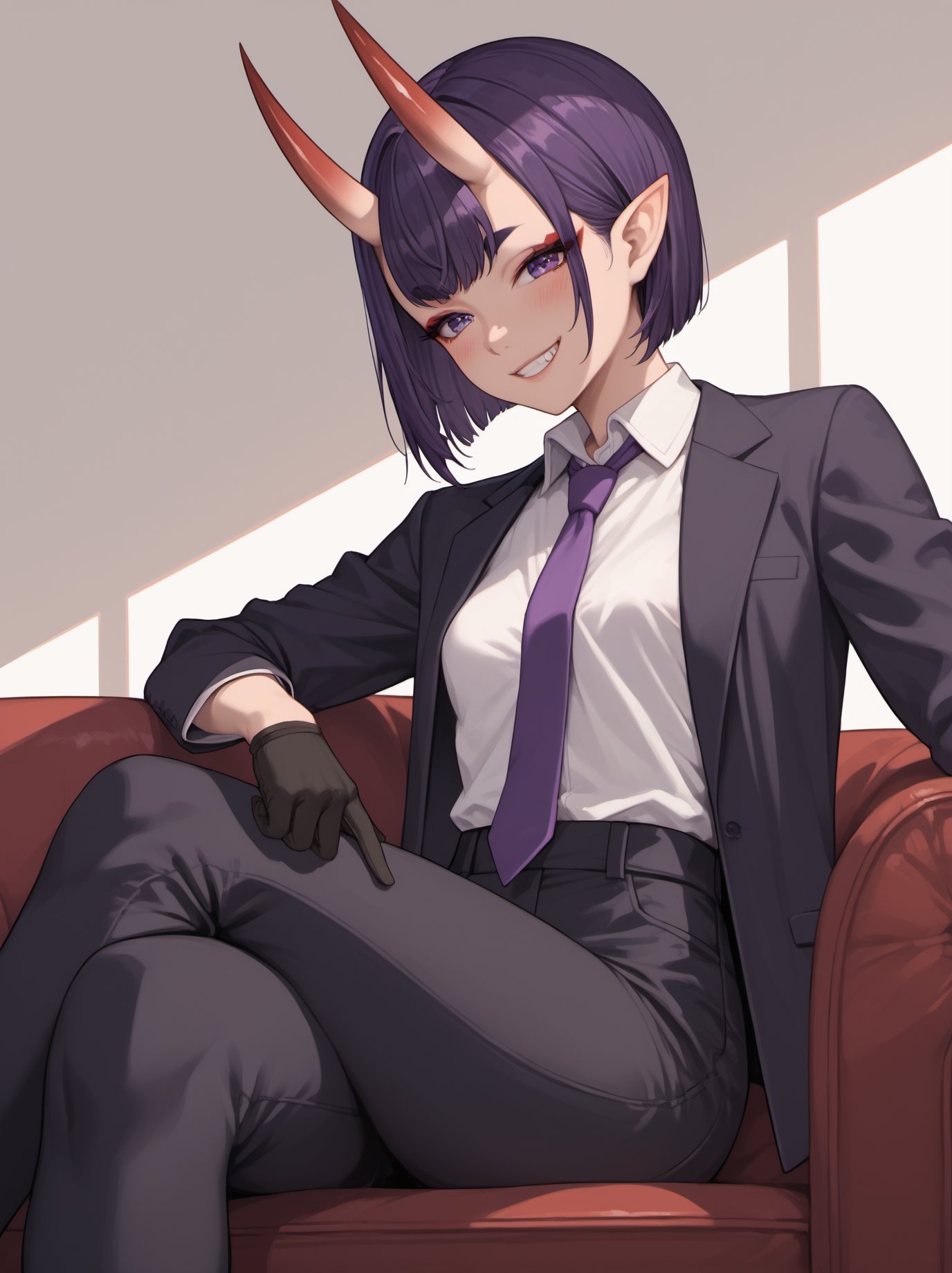 score_9_up, score_8_up, score_7_up, 1girl, purple eyes, necktie, solo, smile, purple hair, horns, gloves, shuten douji (fate), shirt, short hair, jacket on shoulders, black gloves, pointy ears, looking at viewer, oni horns, white shirt, crossed legs, sitting, formal, purple necktie, pants, jacket, black pants, oni, collared shirt, suit, skin-covered horns, grin, long sleeves, bangs, black jacket, blush, bob cut, makeup, eyeliner, half gloves, breasts, small breasts