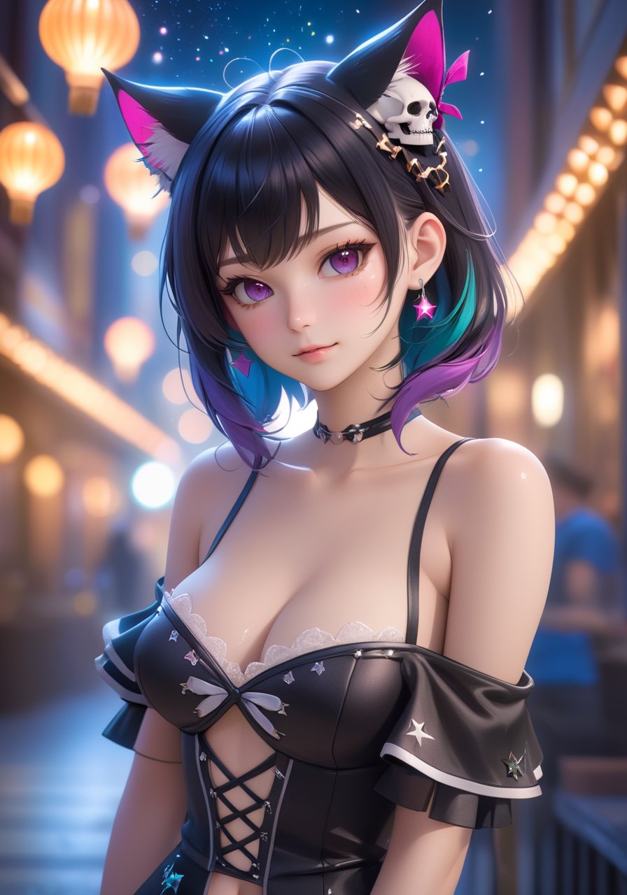 realistic,a pretty 19-year-old dark magical-girl plotting mischief, dark magical-girl outfit, cleavage, cat ears, skulls and terror, magical tattoos, vibrant magical particle effects, volumetric lighting, anti-aliasing, color-graded, bokeh, 1DOF, nikon D850,wani wani panic,startrail,ultra realistic detailed,aesthetic,best quality,(photorealistic:1.2),dynamic angle,elegant,realistic skin detail ,strap_slip, bare_shoulders, off_shoulder