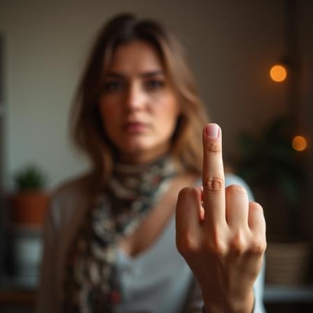 A rebellious woman with a defiant expression, raising her middle finger, indoors, middlefinger, flippingthebird