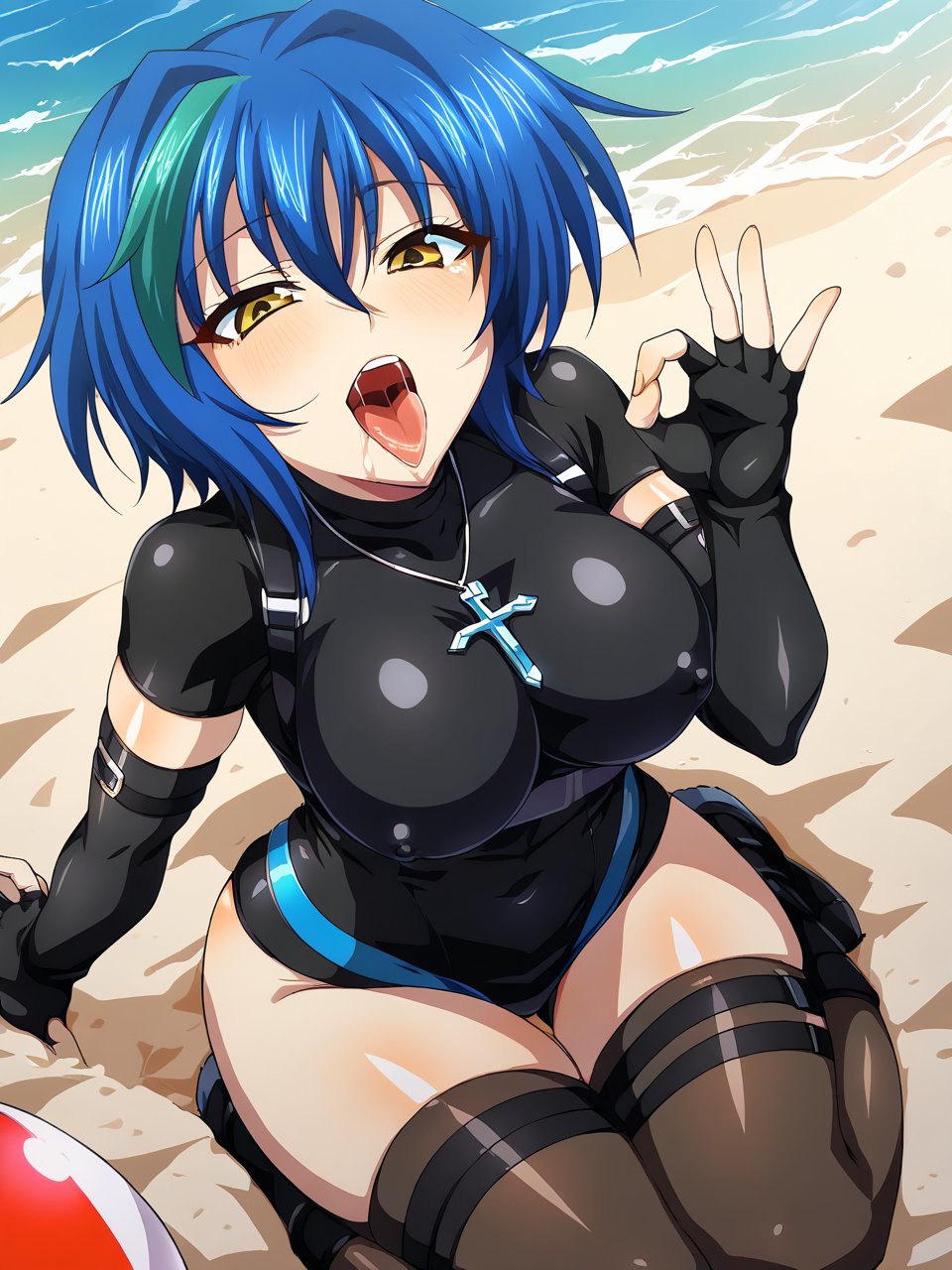 score_9, score_8_up, score_7_up,<lora:Xenoviamobage:1>,Xenoviamobage, 1girl, solo, short hair, multicolored hair, blue hair, green hair, two-tone hair, streaked hair, yellow eyes, large breasts, shiny skin, shiny,Combat outfit, black thighhighs, cross necklace, elbow gloves, fingerless gloves, thigh straps, skin tight, black leotard, beach,looking at viewer,tongue,tongue out,open mouth,saliva,saliva trail,  <lora:fellatio-gesture-ponyxl-lora-nochekaiser:1>, fellatio gesture, sexually suggestive, oral invitation, handjob gesture, tongue out, tongue, naughty face, saliva,