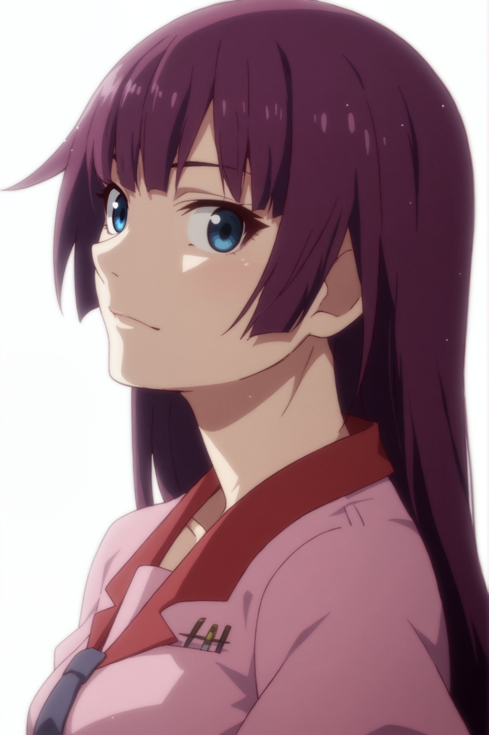 rating_all, score_10, score_8_up, score_7_up,  senjougahara hitagi, upper body, white background, looking at viewer,  <lora:senjougahara_hitagi:0.7>