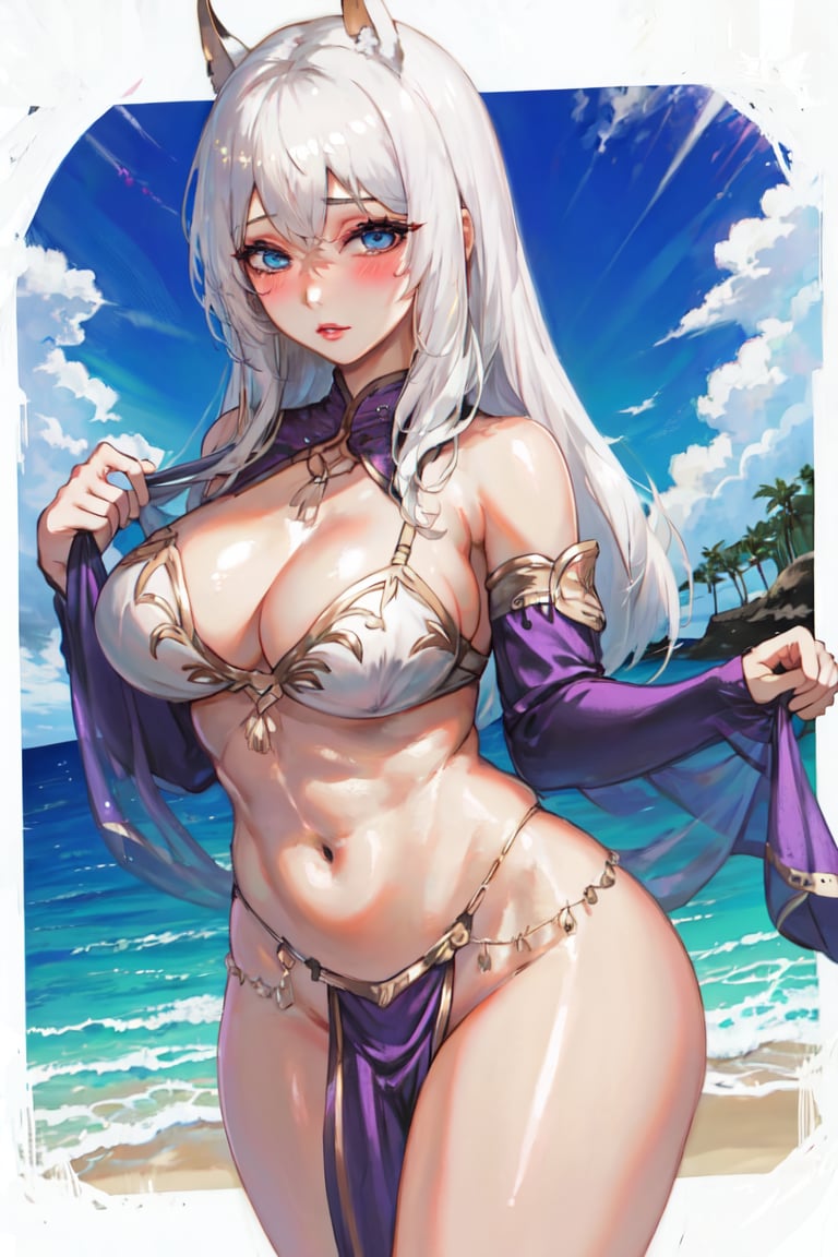 1girl, white hair, brown eyes, blush, lips, blue eyes,  dancer lingerie, pelvic curtain, see-through, detached sleeves,, muscular female, curvy, helmet, perfect proportions, beach,