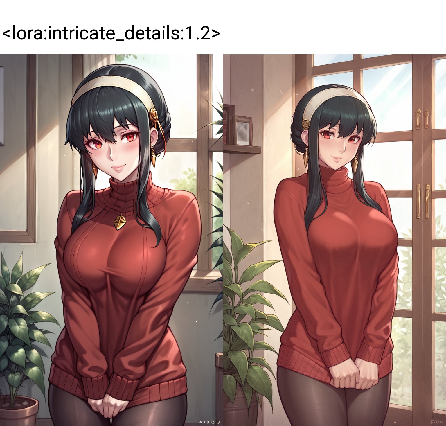 score_9, score_8_up, score_7_up, 1girl, yor briar, red sweater, black hair, sidelocks, red eyes, black pantyhose, looking at viewer, light smile, v arms, cowboy shot, room, window, plants, light rays,  earrings, long sweater  <lora:intricate_details:1.2>, intricate detailsxl, intricate details, many details, high detailed, more details, detailed, asura \(asurauser\), 