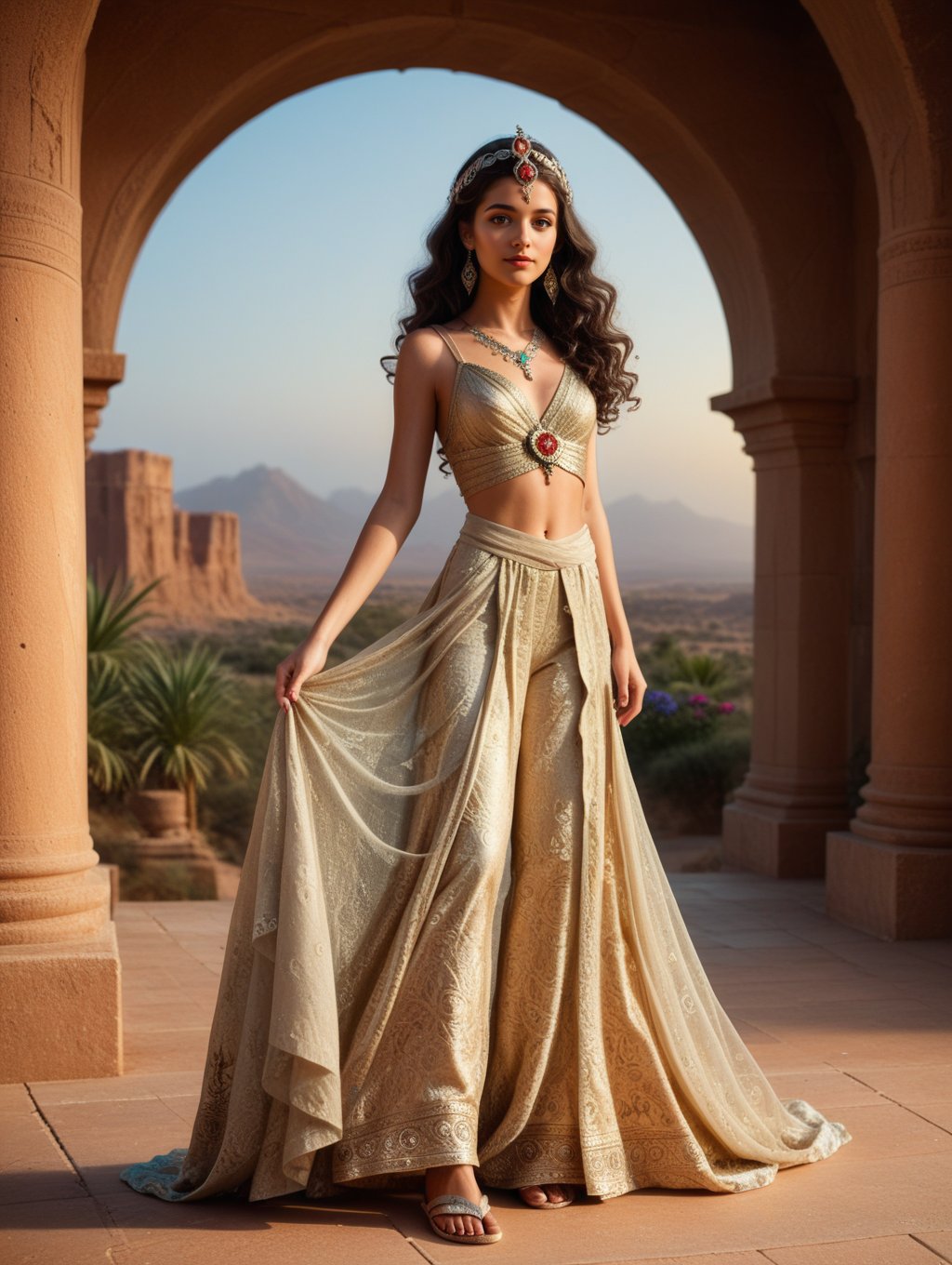 score_9, score_8_up, score_7_up,BREAK,(supermodel arabian princess) adult woman, slim build, black hair, wavy hair, brown eyes, tan skin, wearing ornate jeweled headpiece with flowing veils, Burgundy velvet abaya with gold floral patterns, silk trousers, silver sandals, set in a tranquil desert oasis, with blooming flowers, peaceful ambiance, gentle sunlight, serene vibes , fantasy portrait photography, beautiful eyes, ethereal beauty, magical atmosphere, whimsical element, enchanting composition, mystical storytelling, professional lighting, imaginative concept, creative styling, otherworldly aesthetic, fantasy romance, surreal visual, enchanting character, captivating narrative, intricate detail, vibrant color, fantastical landscape,(full body portrait:1.3),(wide shot:1.3),