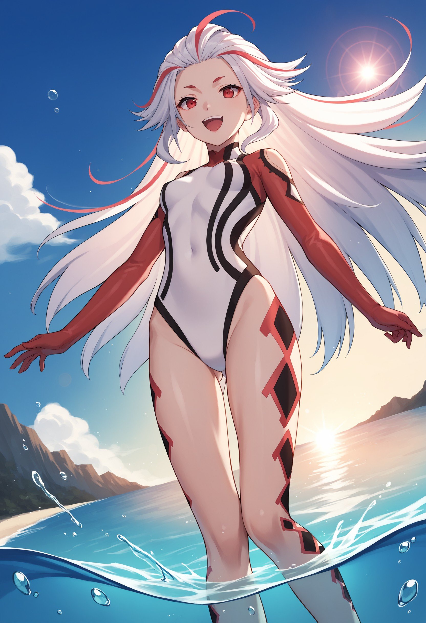 score_9, score_8_up, score_7_up, score_6_up, score_5_up, score_4_up, source_anime, BREAK, tsfaiba, 1girl, solo, alone, long white hair, very long hair, streaked hair, red eyes, beautiful face, (white swimsuit, one-piece suit), skin tight, red arms, bare legs, barefoot, leg tattoo, full body, smile, open mouth, looking at viewer, partially submerged, from below, outdoors, beach, water, splash, (lens flare, flare, cinematic lighting, vibrant colors, very detailed), <lora:4d3f1b96-6739-4dc1-b9cc-024f86522cea:0.8>