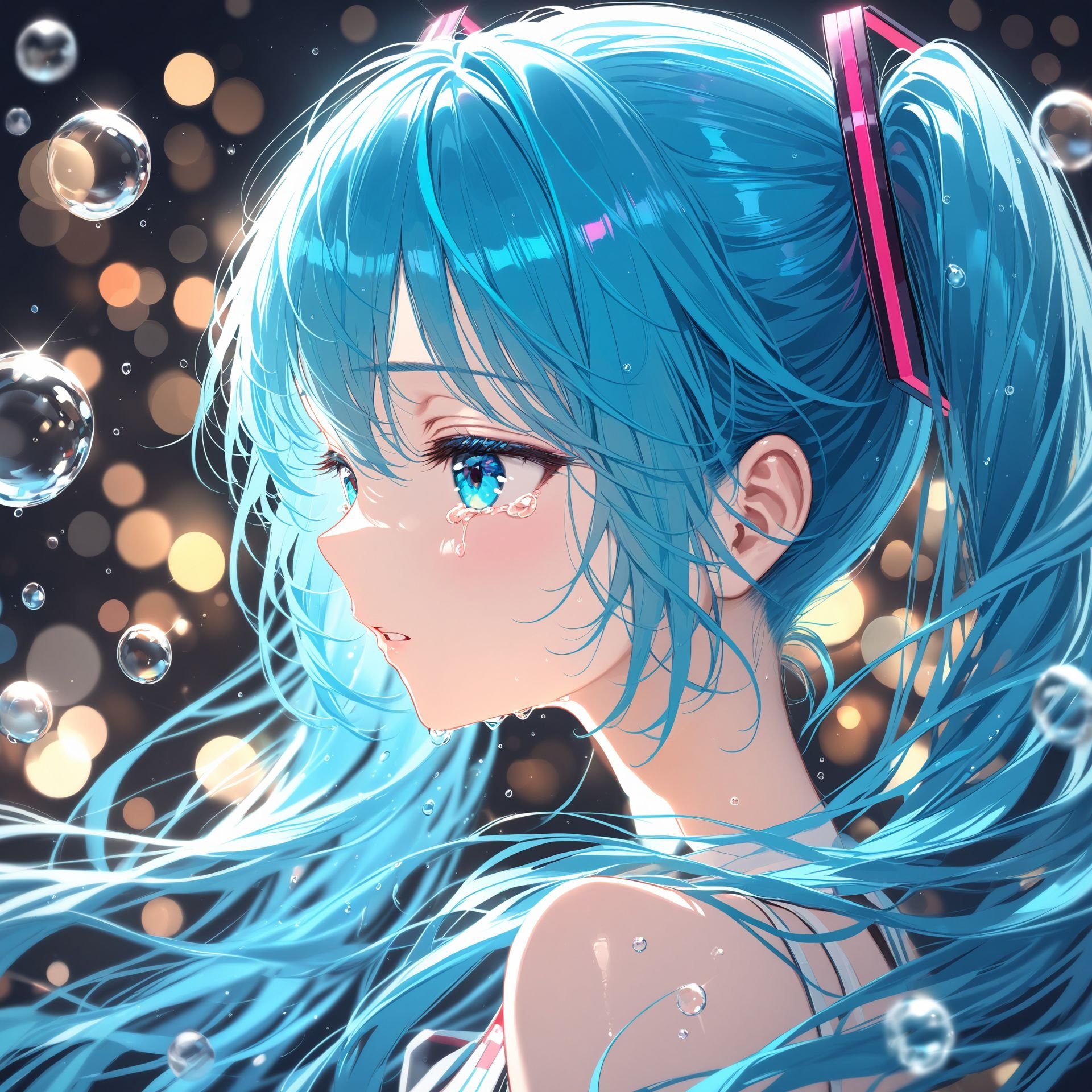 (masterpiece),(best quality),illustration,ultra detailed,hdr,Depth of field,(colorful),nai3,1girl,solo,hatsune miku,long hair,twintails,blue hair,crying,tears,bubble,from side,eyelashes,blue eyes,crying with eyes open,blurry,upper body,parted lips,bangs,bokeh,close-up,water drop,aqua eyes,hair ornament,depth of field,bare shoulders,aqua hair,upper_body,