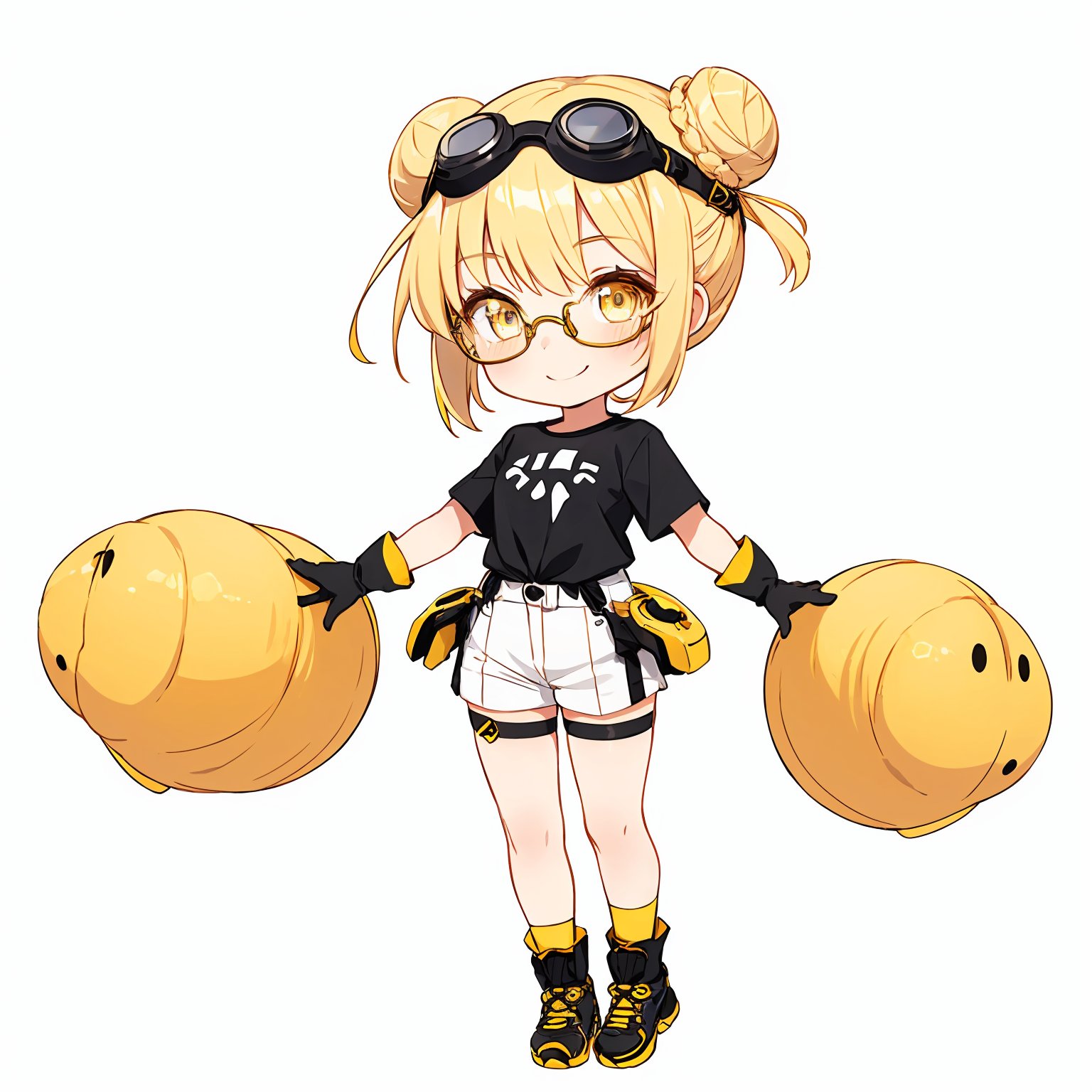 1girl,simple background,blank background,full body,SMILE,chibi,q_juese,chibi,<lora:wenchibi_v43:1>,blonde hair,gloves,hair bun,single hair bun,goggles,glasses,black gloves,tied shirt,yellow eyes,