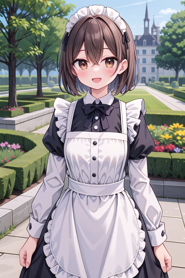 insanely detailed, absurdres, ultra-highres, ultra-detailed, best quality,1girl, solo, nice hands, perfect handsBREAK(cleavage:-1.5),(traditional maid:1.2),apron, blush, bow, bowtie, frilled apron, frills, long sleeves, maid, maid apron, maid headdress, waist apron, white apron,(maid costume, maid hair dress:1.3), long skirtBREAKhappy smile, laugh, open mouthBREAK,standing, cowboy shot, looking at viewerBREAKslender, kawaii, perfect symmetrical face, ultra cute girl, ultra cute face, ultra detailed eyes, ultra detailed hair, ultra cute, ultra beautifulBREAKfantasy world, garden of a castle, depth of field, ultra detailed backgroundBREAKmedium breastsBREAK(brown hair, brown eyes), short bob cut, hair between eyes