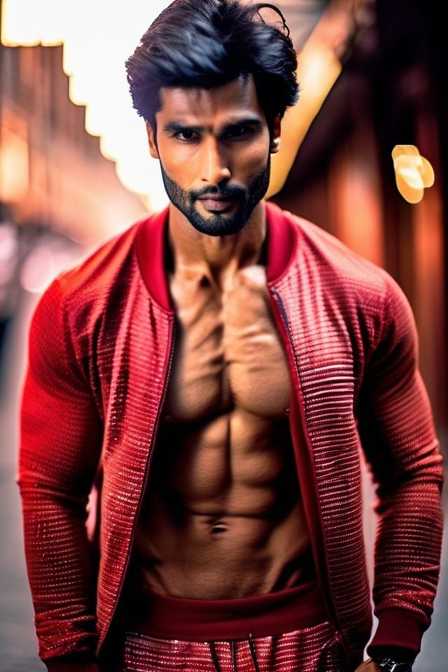 Sendhil Ramamurthy a man ,  realistic photo in a worn ((skin-revealing skimpy erotic red tracksuit,  massive hairy pecs))...