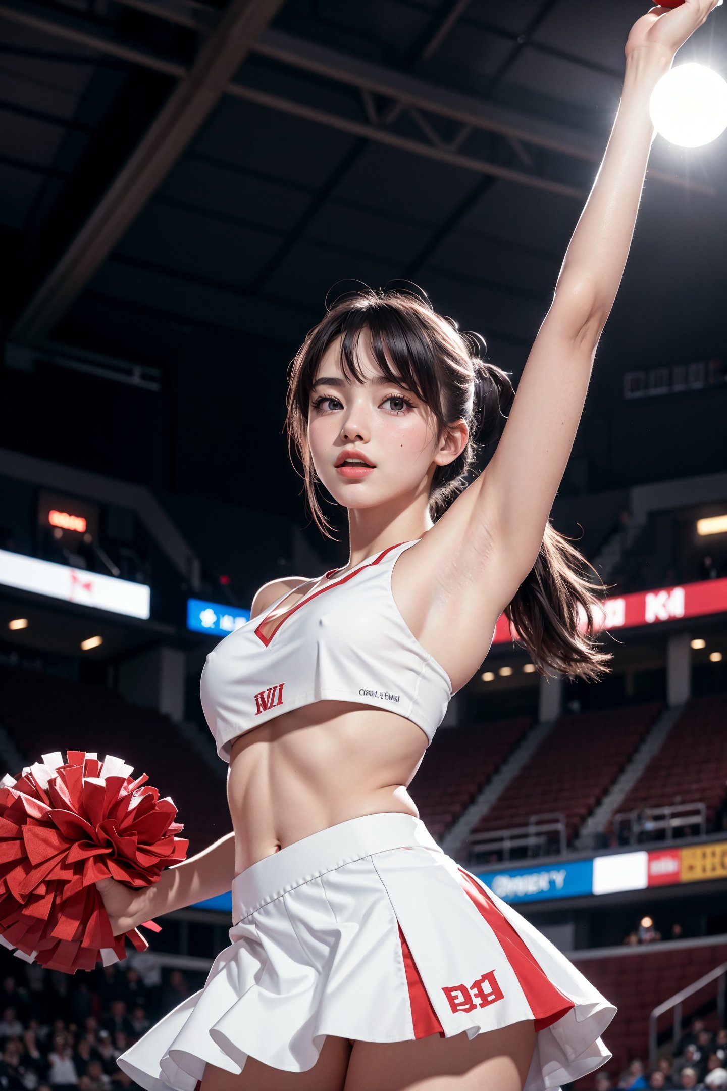 RAW photo, cheerleaders at a basketball game, crowd in the background, mooning, skirts, best quality, cinematic, best quality, 8k uhd, dslr, soft lighting, high quality, film grain,(topless:1.1)