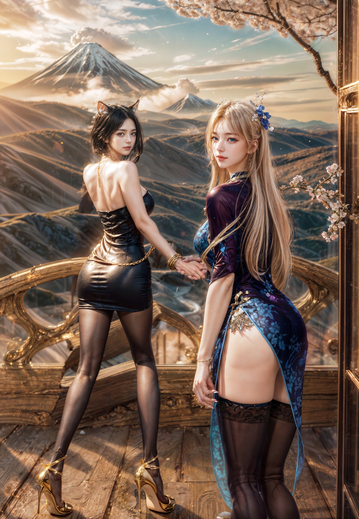 lusanna, woman, (blond hair), blue eyes, blue dress, blue qipao, (blue hairpin), bold posing,  regal, looking at viewer, (black stockings), (stiletto:1.5), Ultra-realistic 8k CG,masterpiece,best quality,(photorealistic:1.3), from behind, facing away, (holding hands), (flower field:1), cherry blossom, volcanos, mountain ranges, valley, rock formations, (sunset:1.1), milky way, red_flowers, 2girls<lora:add_detail:1> <lora:hairdetailer:0.5> <lora:GoodHands-beta2:1> <lora:lostark_lusanna-000005:1>