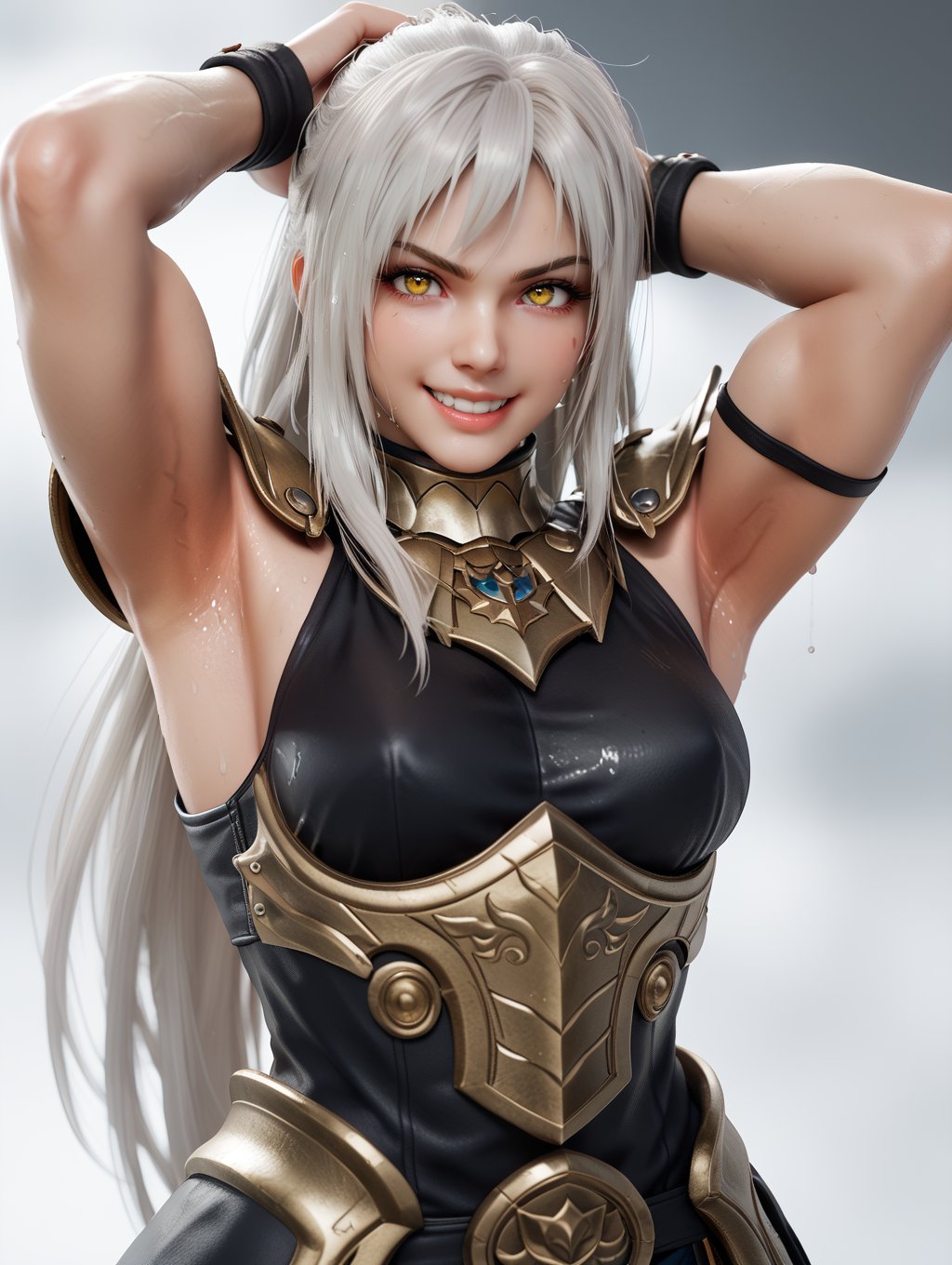 score_9, score_8_up, score_7_up,BREAK1girl, muscular female, forked eyebrows, white hair, very long hair yellow eyes, v-shaped eyebrows, armor, shoulder pads,perfect cute face, looking at viewer,  dynamic pose, arms up, muscles, arm muscles, armpits, showing off armpits, armpit crease, armpit fetish, sweaty girl, sweaty armpits, steam clouds, armpit focus, sly grin