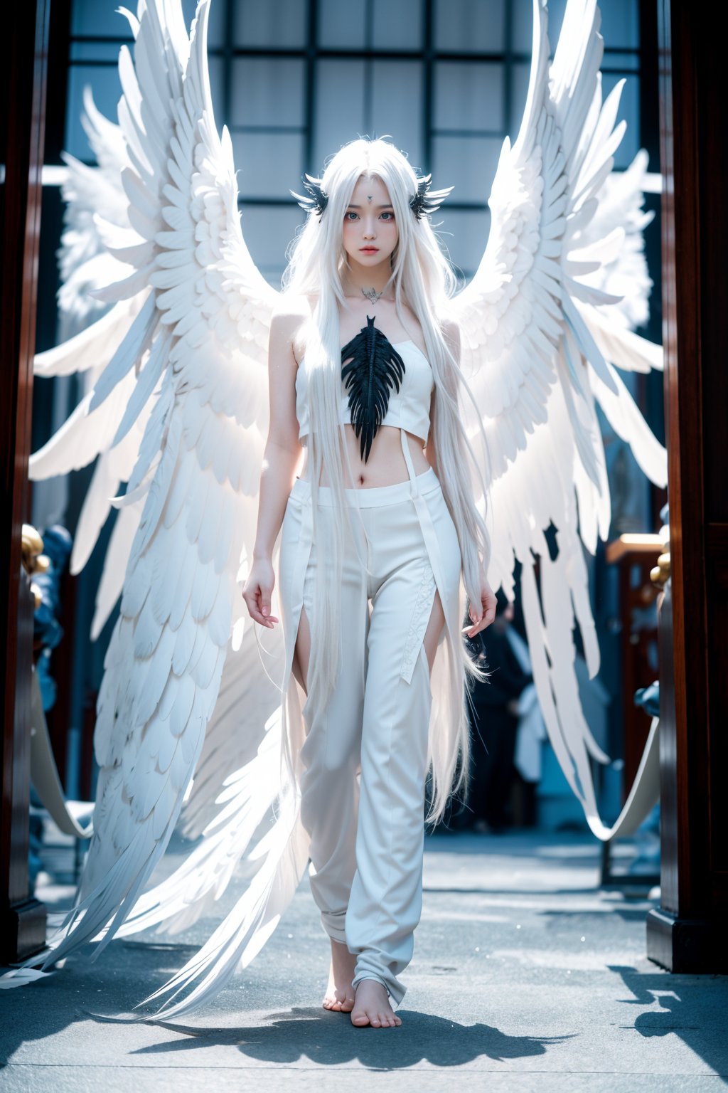 long hair,wings,solo,white hair,barefoot,black wings,1girl,looking at viewer,pants,feathered wings,multiple wings,halo,full body,very long hair,cos,