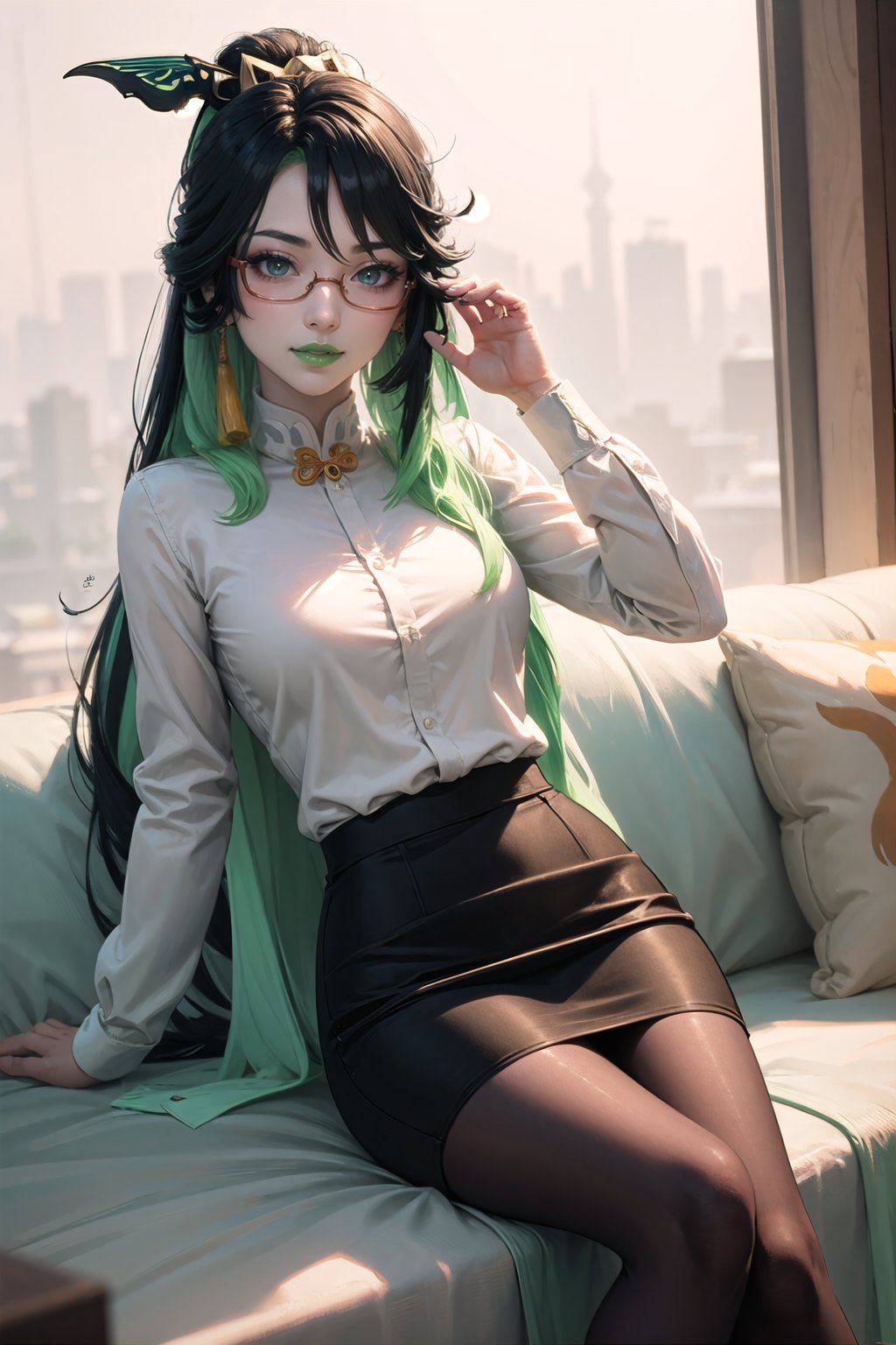 gixianyun, <lora:wrenchgixianyun:0.8>, 1girl, makeup, green lips, solo, light smile, pencil skirt, pantyhose, white shirt, 