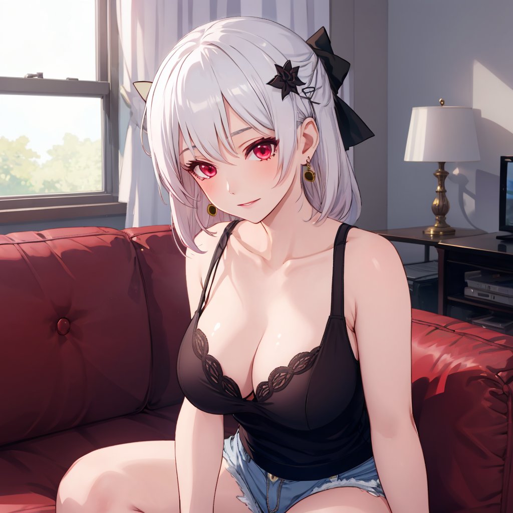 1girl, theresa apocalypse, erotic, hair flower, mature female, hair ornament, flower, earrings, lace tank top, micro shorts, head tilted, glossy skin, hair ribbon, ambient lighting, indoors, living room, sitting on couch, <lora:Char-Honkai-Theresa:0.8>