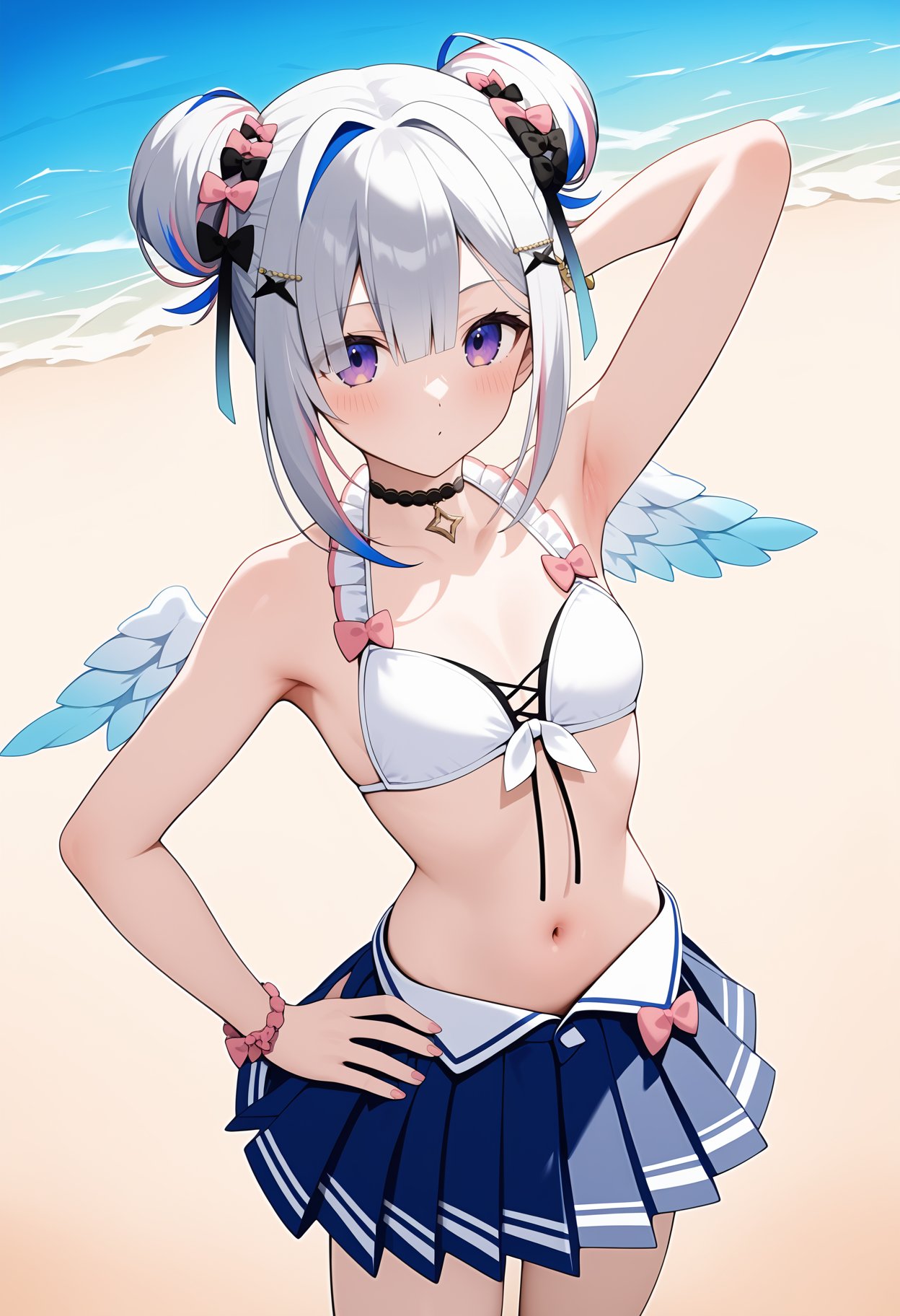 score_9, score_8_up, score_7_up, score_6_up, score_5_up, score_4_up, source_anime, ggkanata, short hair, multicolored hair, grey hair, double bun, hair bow, hair ornament, purple eyes, wings, black choker, front-tie bikini top, white bikini, bare arms, bracelet, midriff, pleated skirt, black skirt, <lora:amane_kanata_ponyxl_v1:0.9>, standing, cowboy shot, arm behind head, hand on own hip, beach,