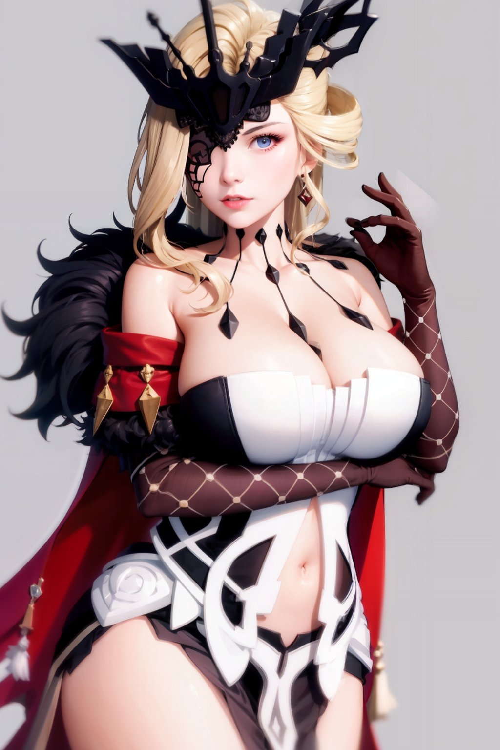 masterpiece, best quality,  <lora:signora:1>,signora \(genshin impact\),1girl,huge breasts, blonde hair, solo, gloves, navel,blue eyes, fur trim, bare shoulders, cleavage, mask,  eyepatch, grey background, (kbxll:0.8)