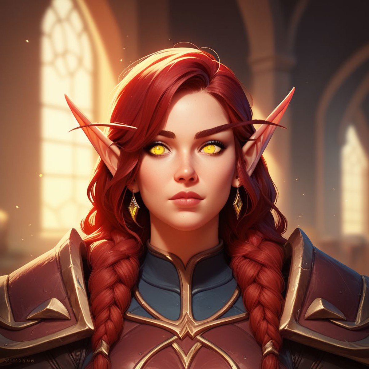 score_9, score_8_up, 8, score_7_up, score_6_up, (dynamic lighting:1.1), ((masterpiece)), solo, portrait, (((beautiful, hyper realistic, high quality))), portrait, score_9, score_8_up, score_7_up, Elf, Pointed ears, Long eyebrows, 1girl, red hair, yellow eyes, leather armor, iron shoulder pads, fantasy background, blurred background