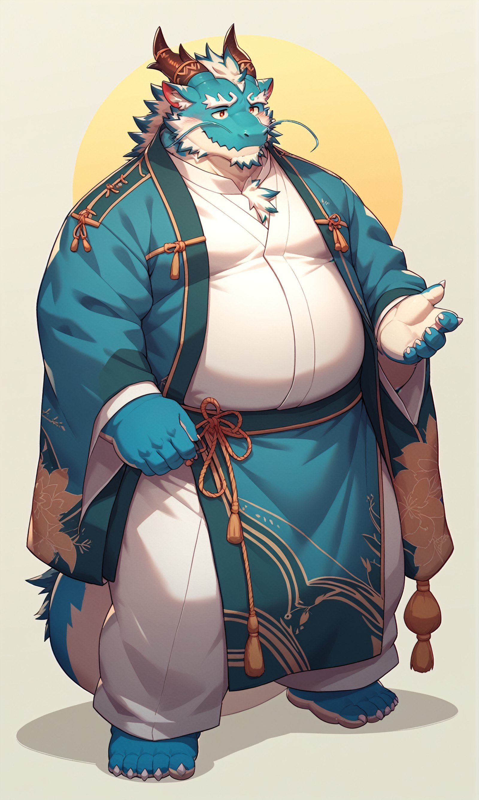 score_9,score_8 up,score_7 up,score_6 up,score_furry,hi res,qinglong,anthro,dragon,flesh whiskers,japanese clothing topwear,male,solo,horn,full body,overweight,blue body,bottomwear,overweight male,fur,clothed,kemono,blue fur,white body,<lora:Meng_zhang_XL_Pony-000010:0.8>,