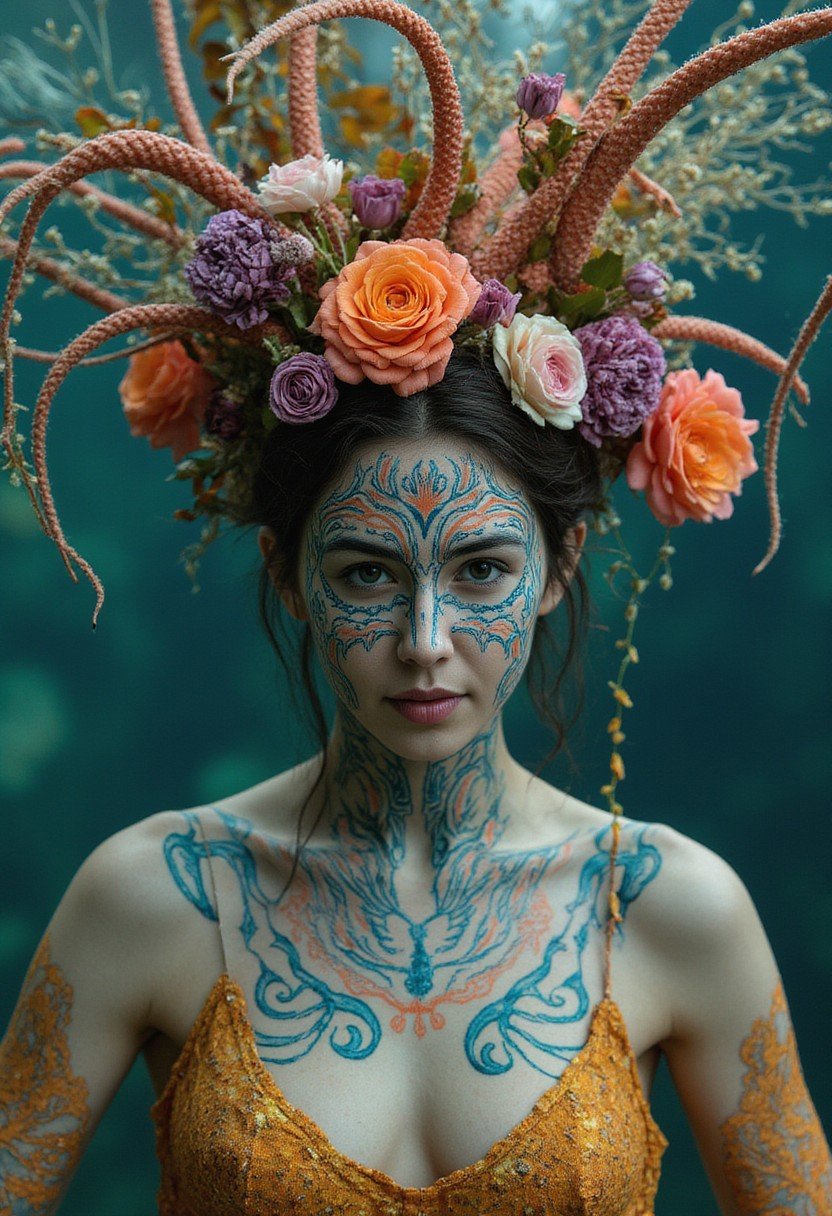 Super close up a cinematic movie film still,  super detailed skin texture. In the mystical depths of an enchanted ocean,...