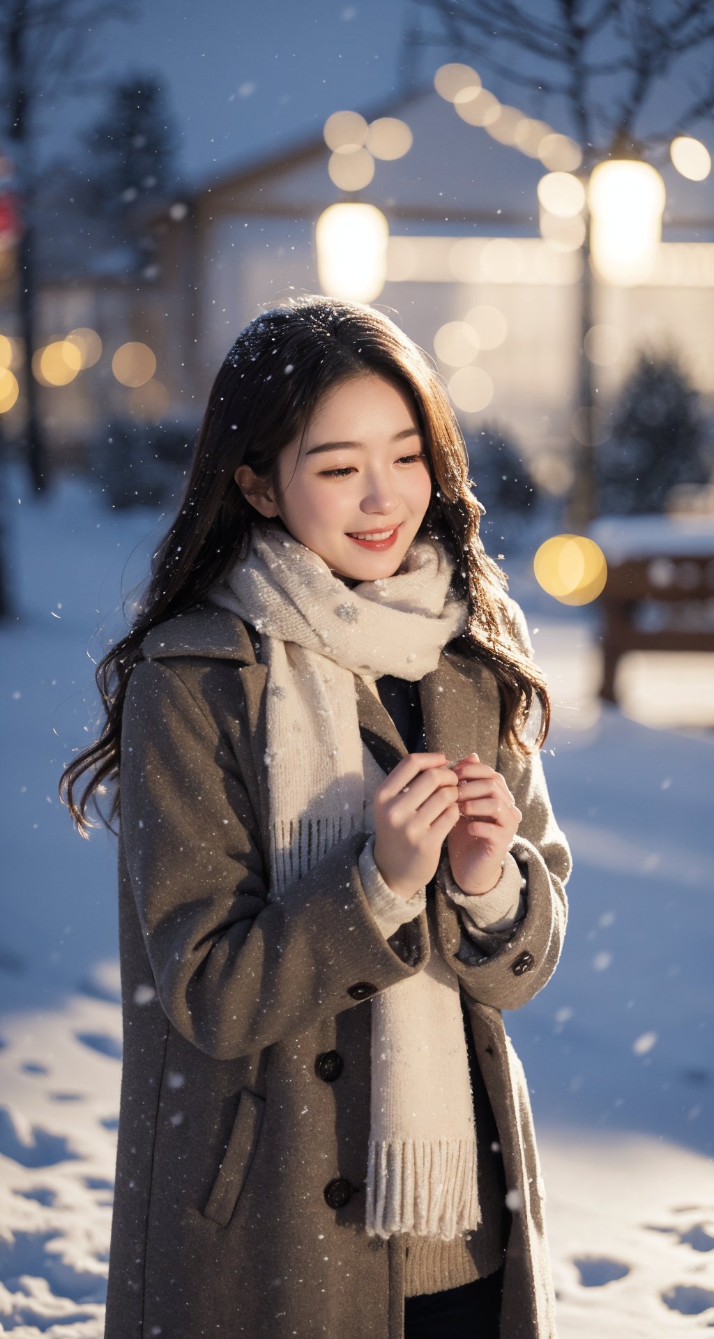 1girl,(snow:1.2),(snowing:1.2),snow,solo,scarf,long hair,smile,brown hair,bokeh,realistic,coat,blurry,sense of atmosphere,<lora:xuejing_20231110142314:0.4>,