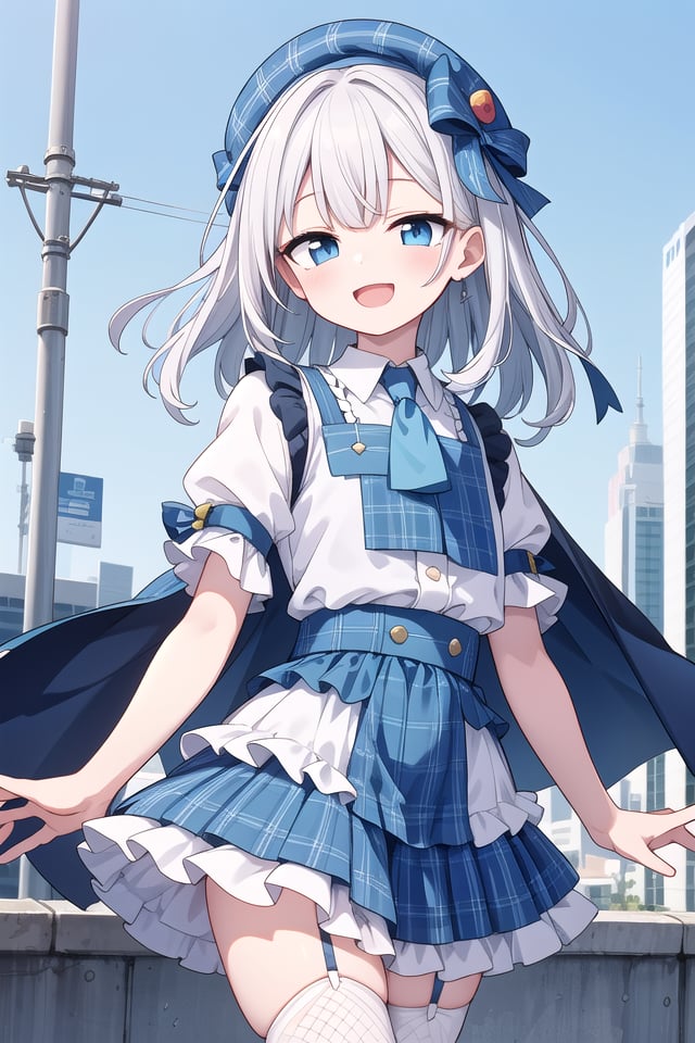 (cleavage:-1.5), insanely detailed, absurdres, ultra-highres, ultra-detailed, best quality,1girl, solo, nice hands, perfect hands,BREAK(gothic drress, Idol costume:1.3), (blue and white theme:1.2), (white blouse:1.4), (white collar, tie:1.3), (open short-cape:1.3), (short sleeve:1.2), (blue tartan-check pattern (ruffle-skirt, multilayer-skirt):1.4), (white basque-beret with ribbon:1.3), (Fishnet stockings:1.3), (glove:1.2), (cleavage:-1.5)BREAKhappy smile, laugh, open mouth,standing,own hands together,cowboy shot,BREAKslender, kawaii, perfect symmetrical face, ultra cute girl, ultra cute face, ultra detailed eyes, ultra detailed hair, ultra cute, ultra beautiful,BREAKcityscape in tokyo, ultra detailed background, blue sky, bay side, panorama view,medium breasts, white hair, blue eyes