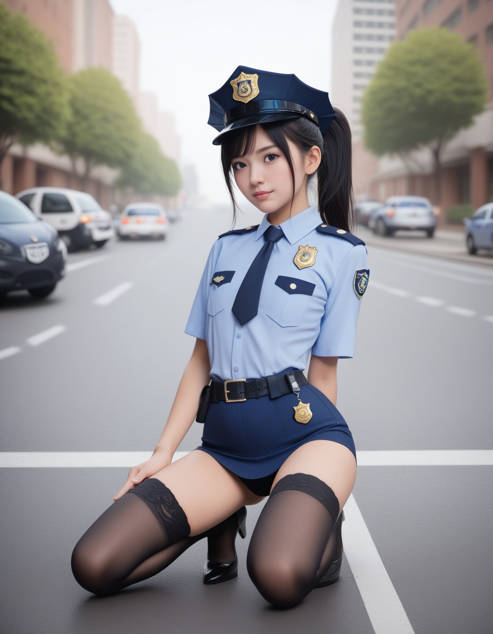 score_9, score_8_up, score_7_up, 1girl, solo,(Best quality,masterpiece,absurdres,ultra realistic:1.2),black hair,black eyes,wide ponytail hair,(flat chest:1.1),slender,(chinese:0.6),(japanese:1.2),police_uniform ,policewoman ,police hat,thighhighs,slender,outdoors,police car,night,,Sitting with knees bent, one hand on the floor,(light smile:0.6),